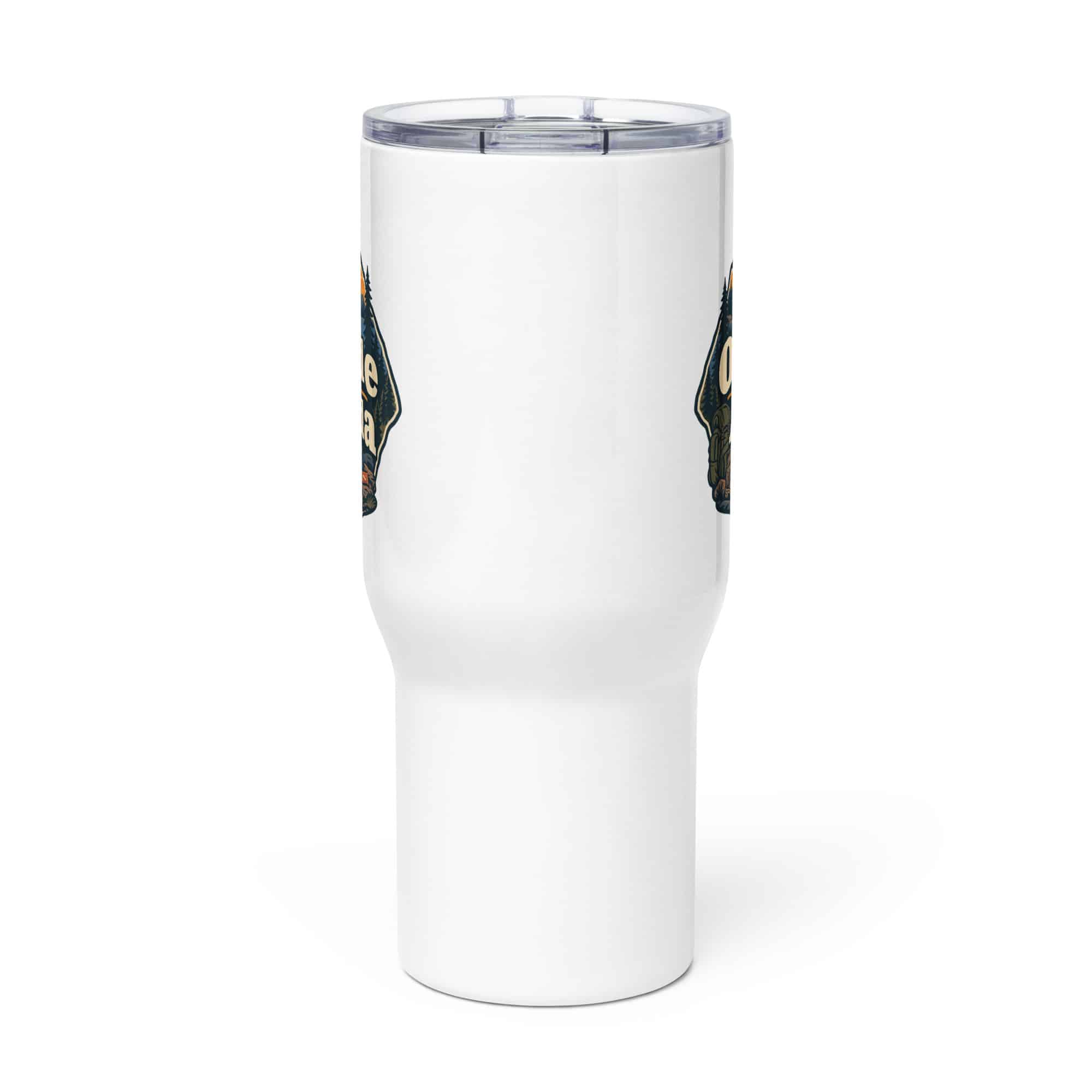 Nature and Adventure Travel Mug: Outside Is on the Agenda, Scenic Shield Badge