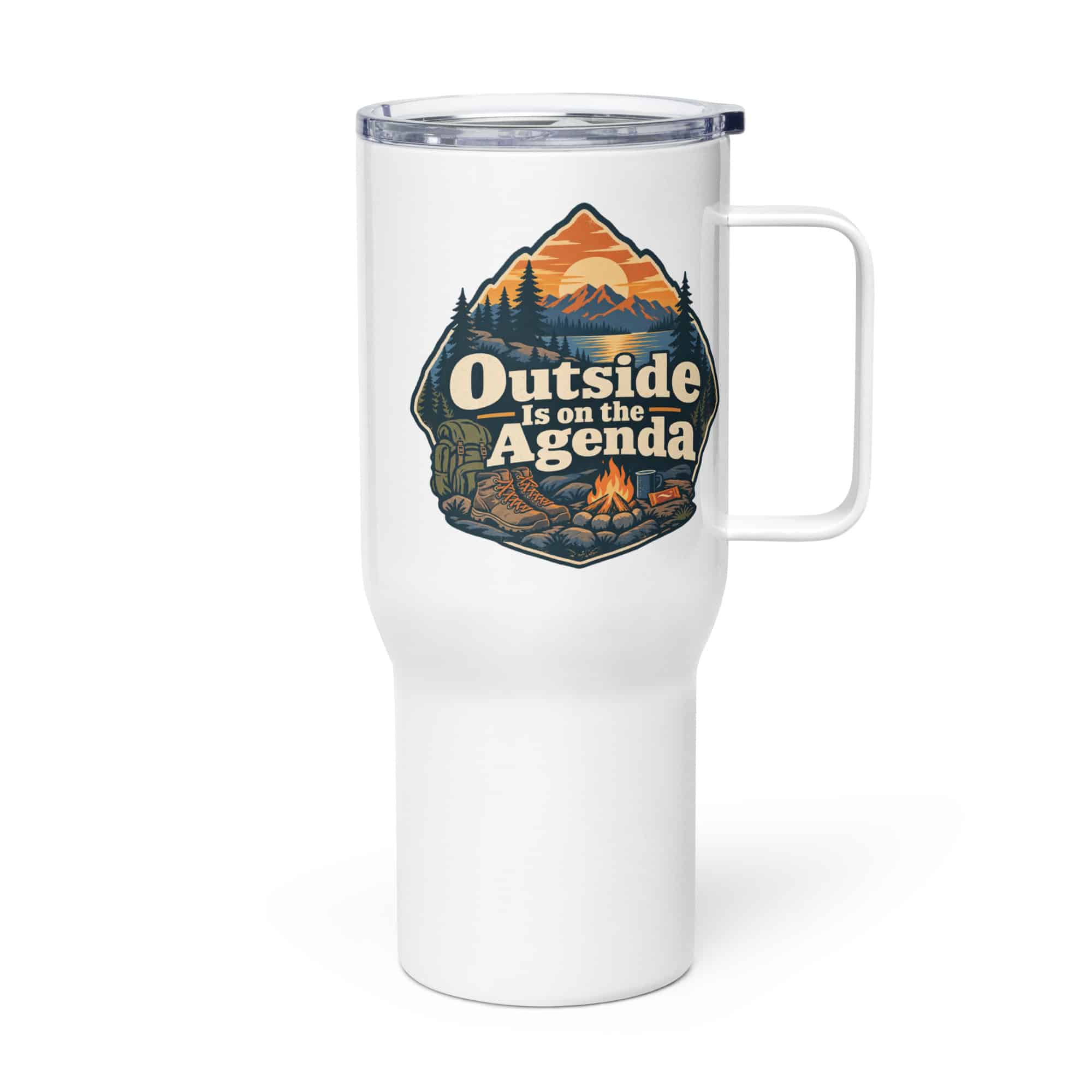 Nature and Adventure Travel Mug: Outside Is on the Agenda, Scenic Shield Badge