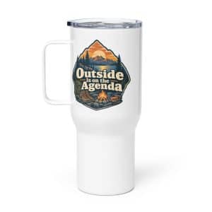 Nature and Adventure Travel Mug: Outside Is on the Agenda, Scenic Shield Badge - 25 oz - Main