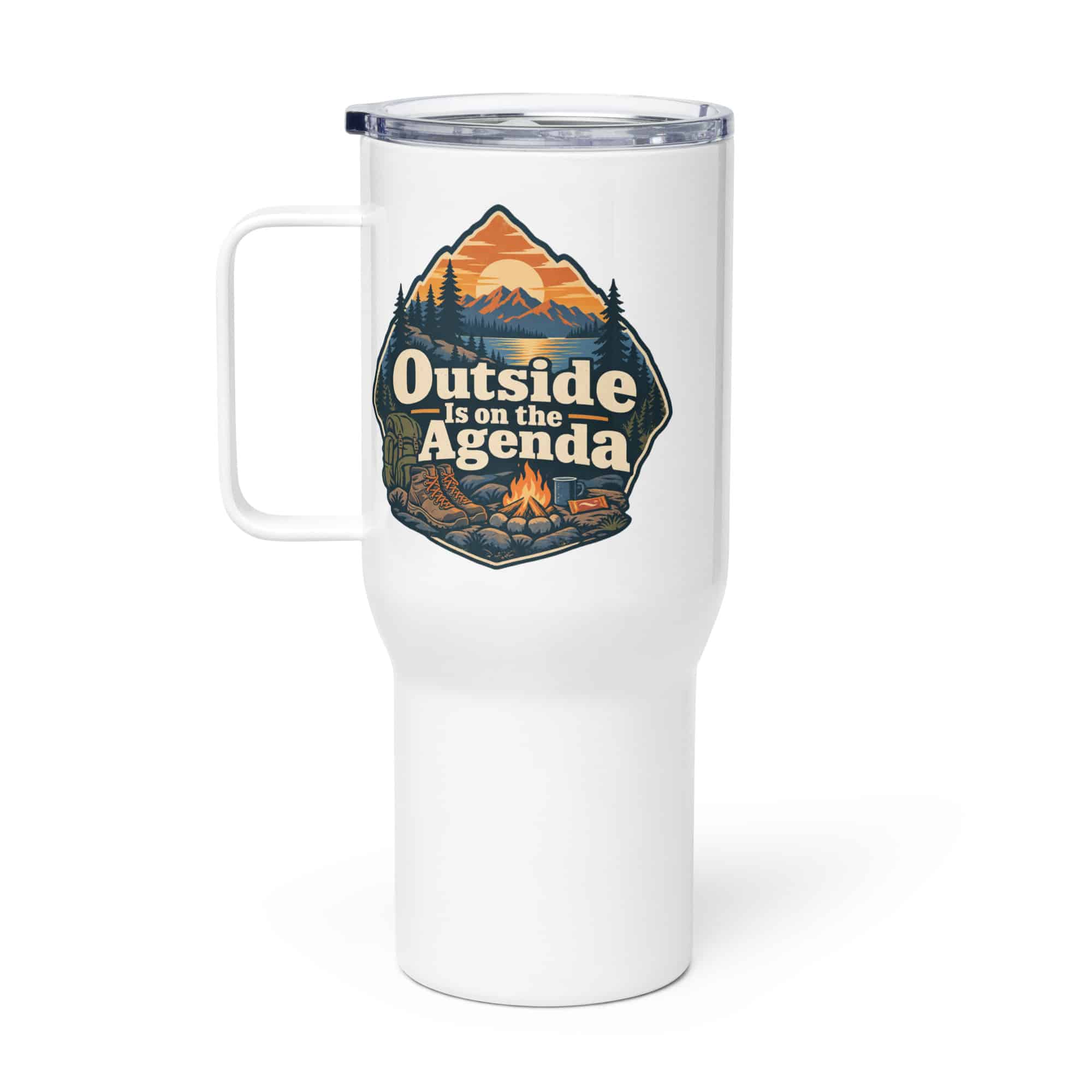 Nature and Adventure Travel Mug: Outside Is on the Agenda, Scenic Shield Badge