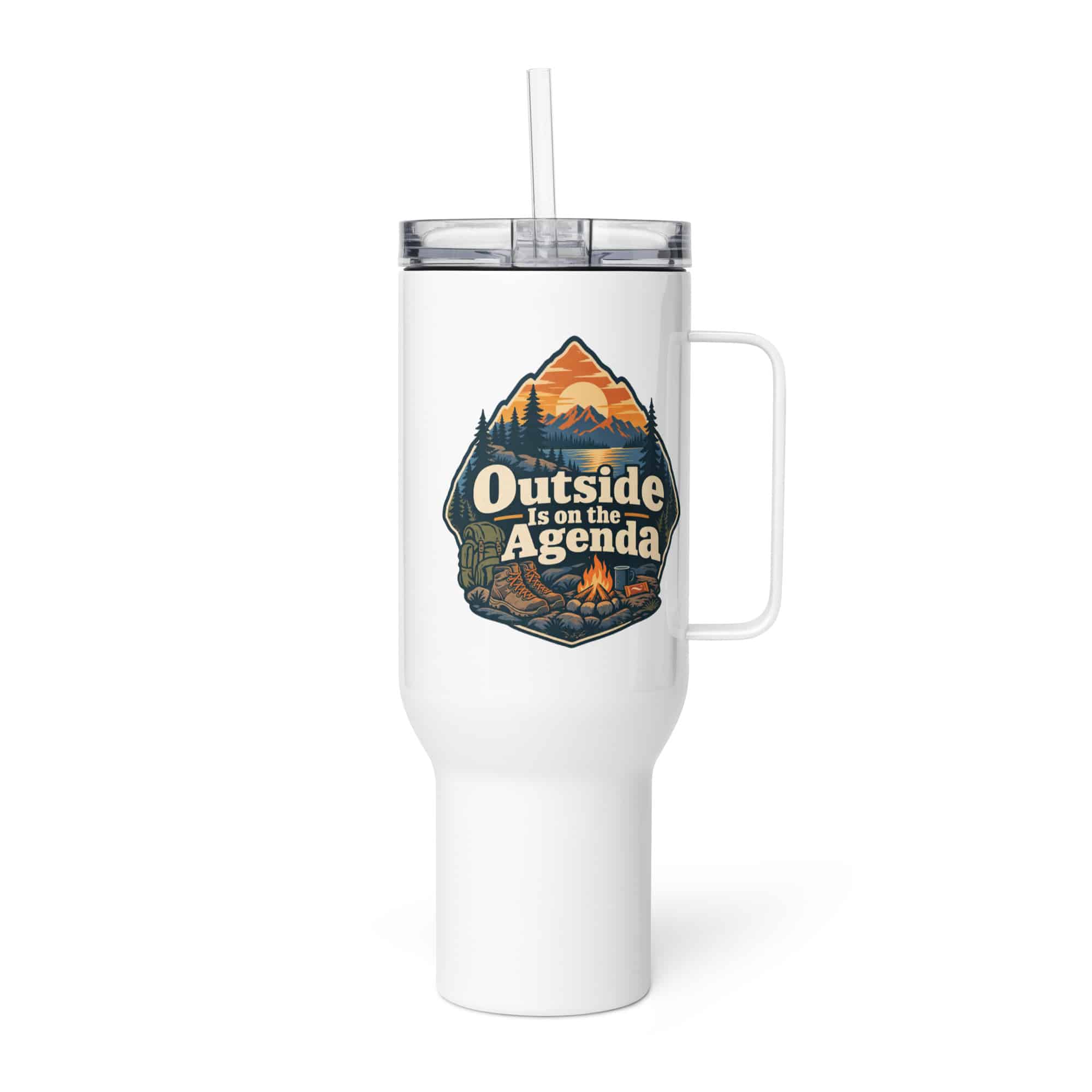Nature and Adventure Travel Mug: Outside Is on the Agenda, Scenic Shield Badge