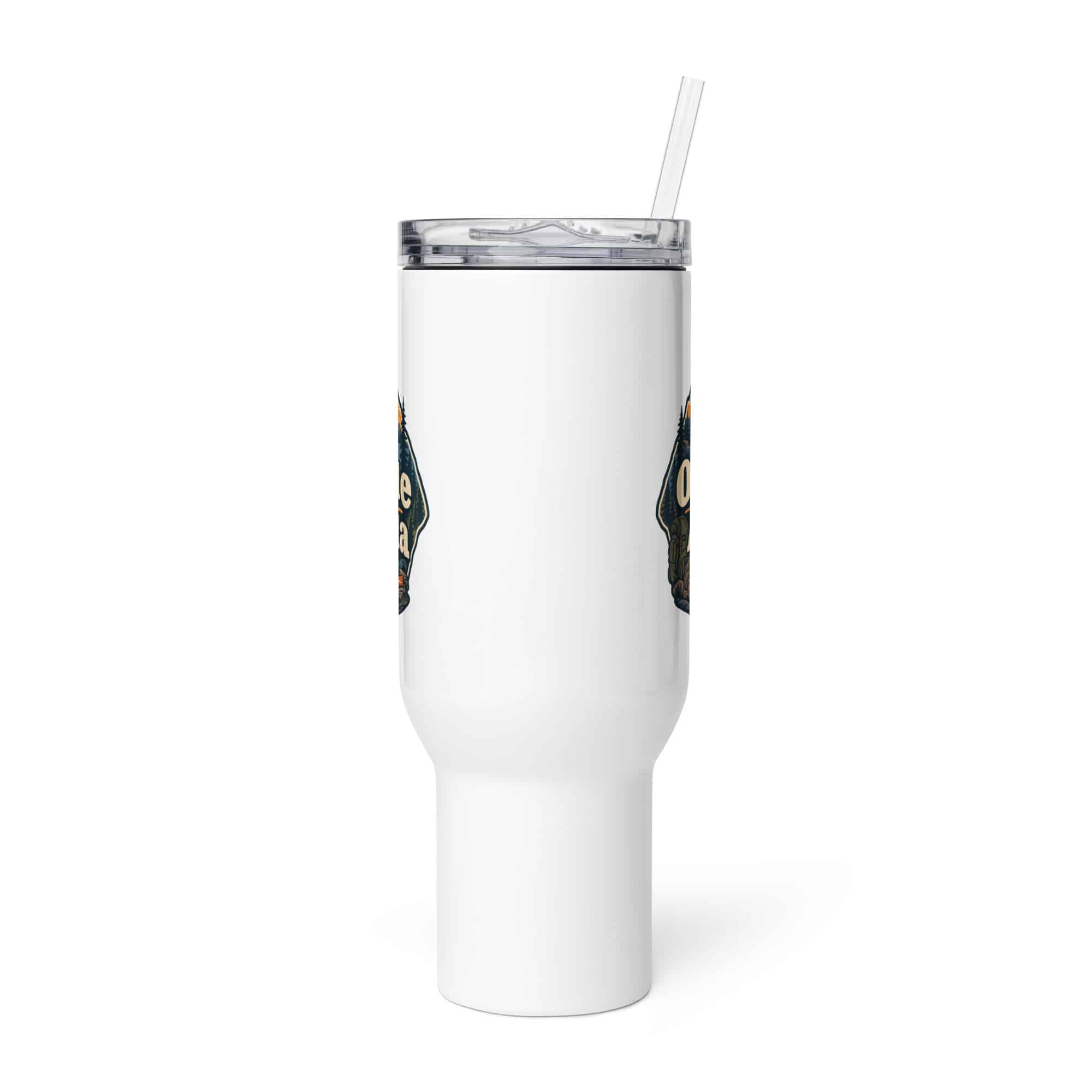 Nature and Adventure Travel Mug: Outside Is on the Agenda, Scenic Shield Badge