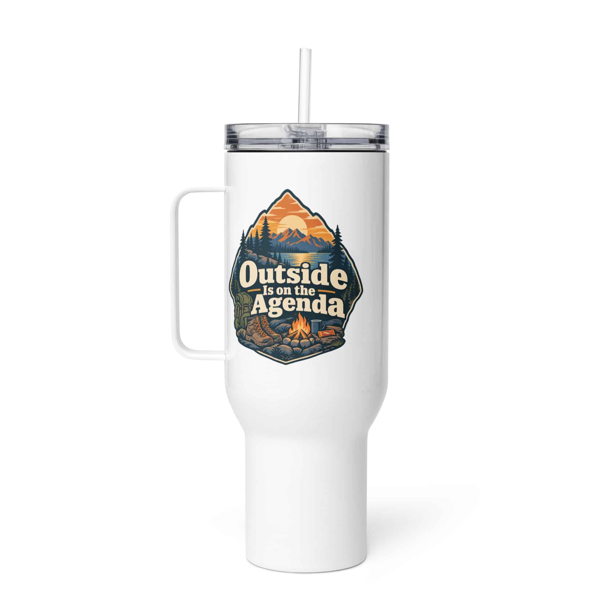 Nature and Adventure Travel Mug: Outside Is on the Agenda, Scenic Shield Badge