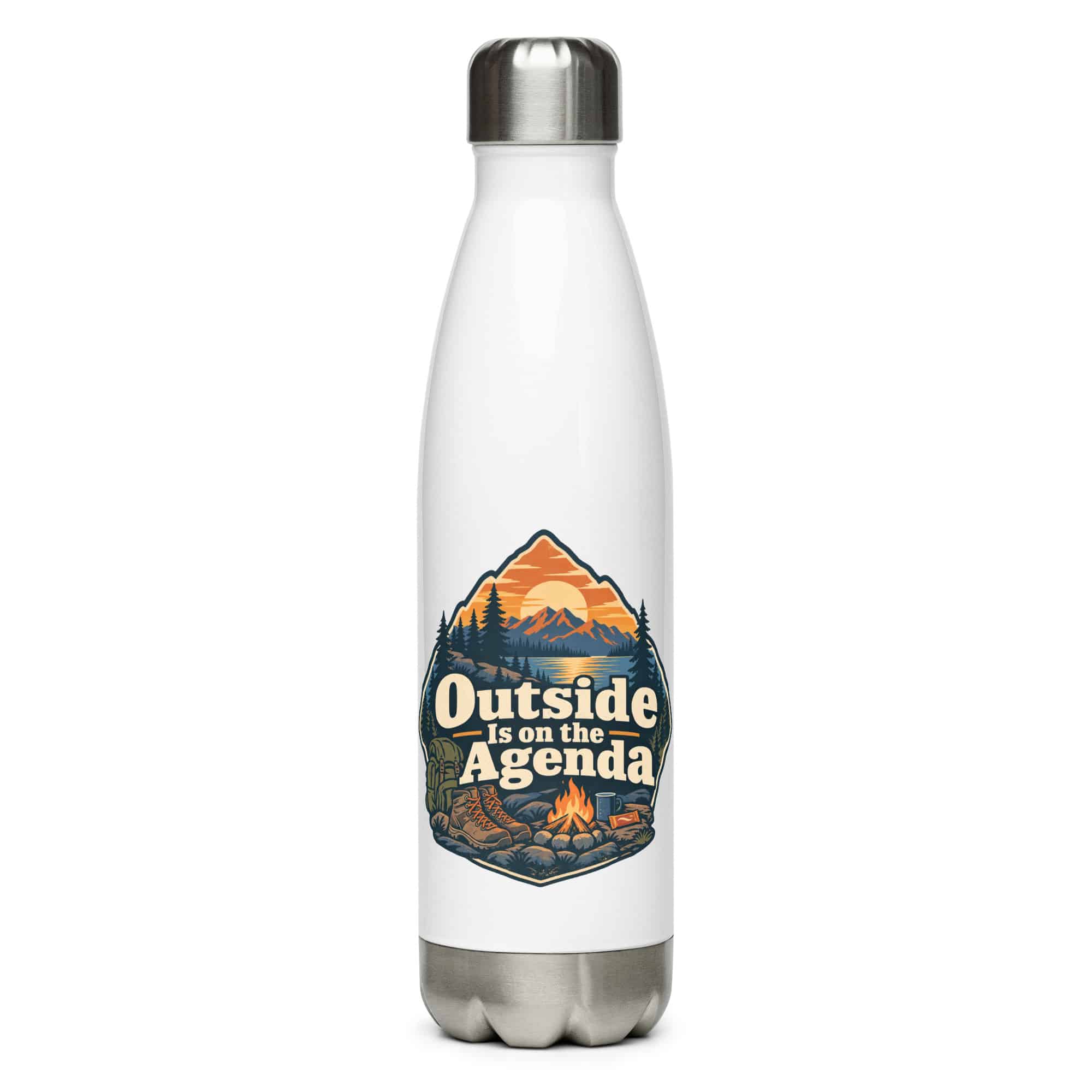 Nature and Adventure Stainless Steel Water Bottle: Outside Is on the Agenda, Scenic Shield Badge