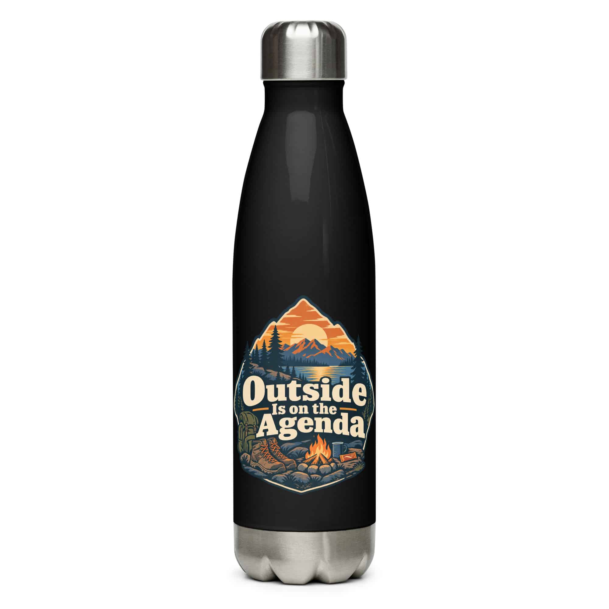 Nature and Adventure Stainless Steel Water Bottle: Outside Is on the Agenda, Scenic Shield Badge