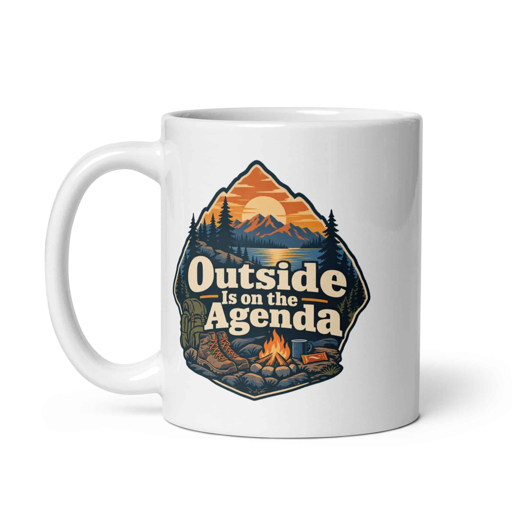 Nature and Adventure White Ceramic Coffee Mug: Outside Is on the Agenda, Scenic Shield Badge