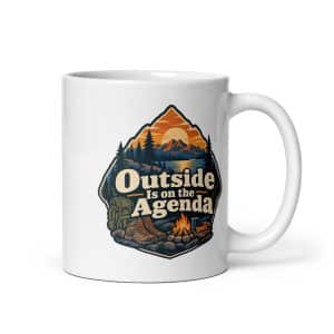 Nature and Adventure White Ceramic Coffee Mug: Outside Is on the Agenda, Scenic Shield Badge - 11 oz - Main