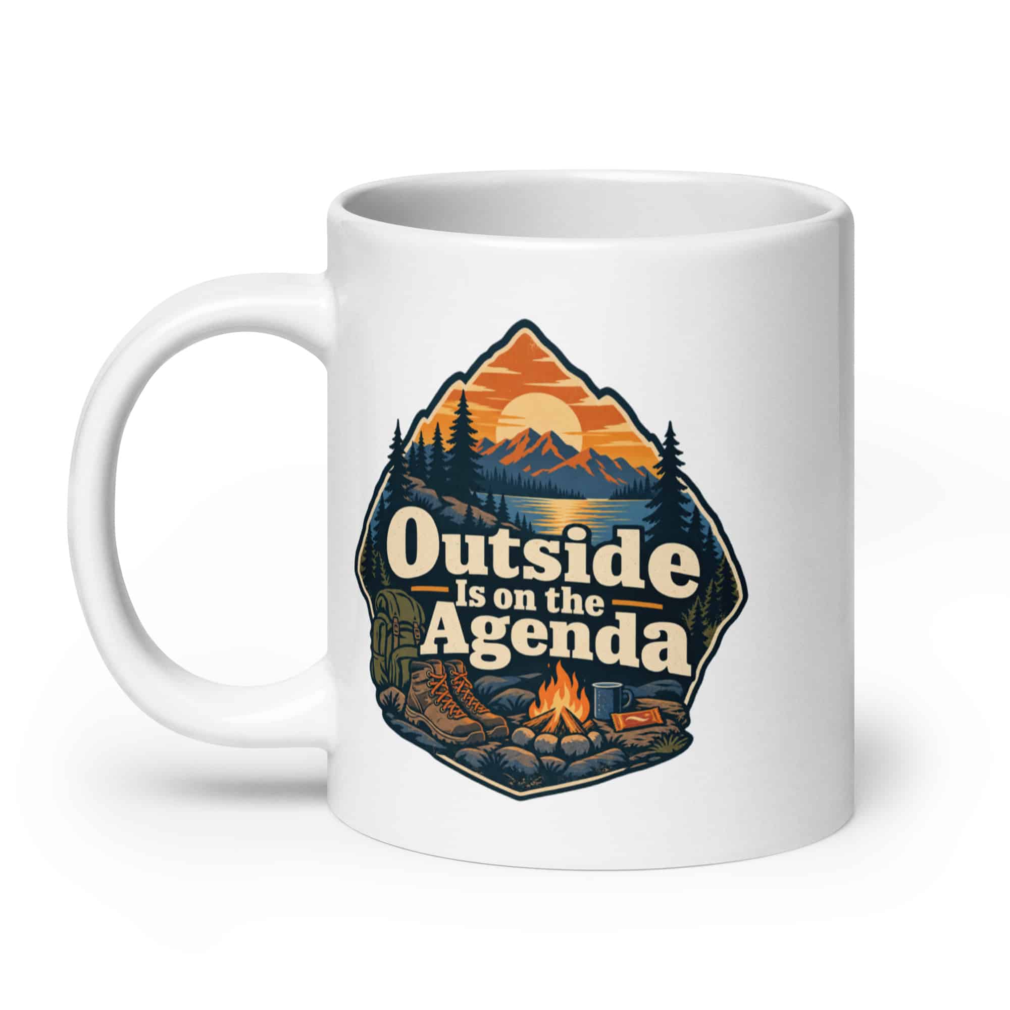 Nature and Adventure White Ceramic Coffee Mug: Outside Is on the Agenda, Scenic Shield Badge