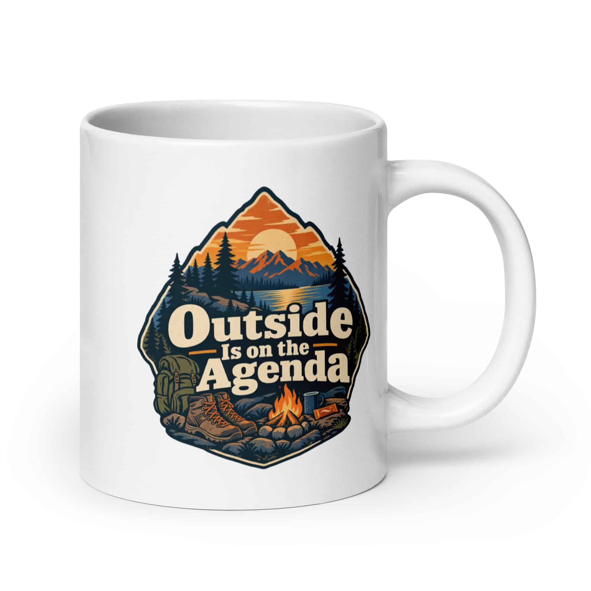 Nature and Adventure White Ceramic Coffee Mug: Outside Is on the Agenda, Scenic Shield Badge