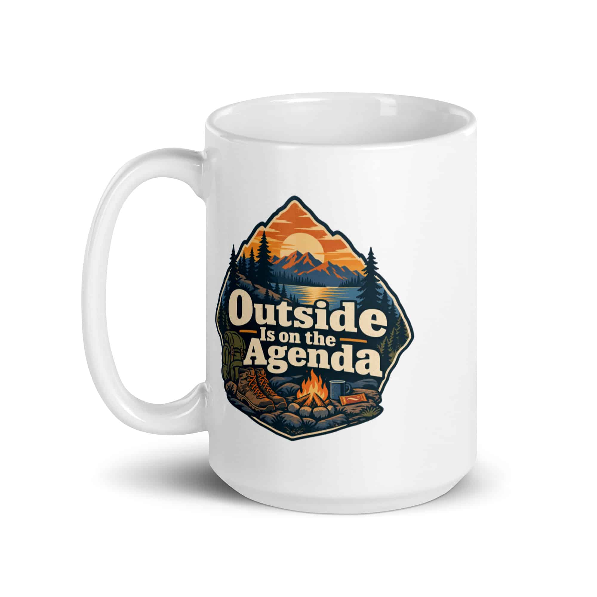 Nature and Adventure White Ceramic Coffee Mug: Outside Is on the Agenda, Scenic Shield Badge