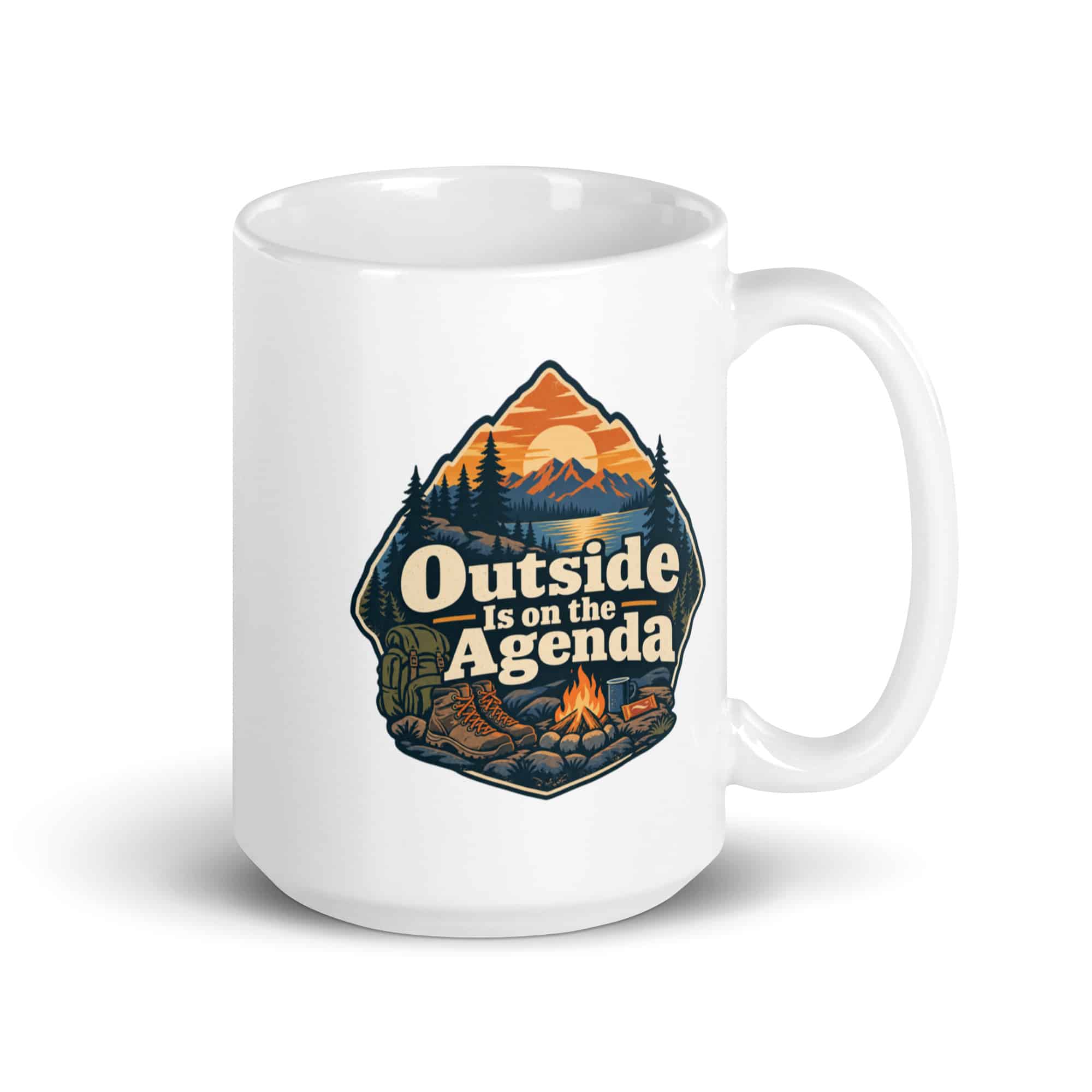 Nature and Adventure White Ceramic Coffee Mug: Outside Is on the Agenda, Scenic Shield Badge