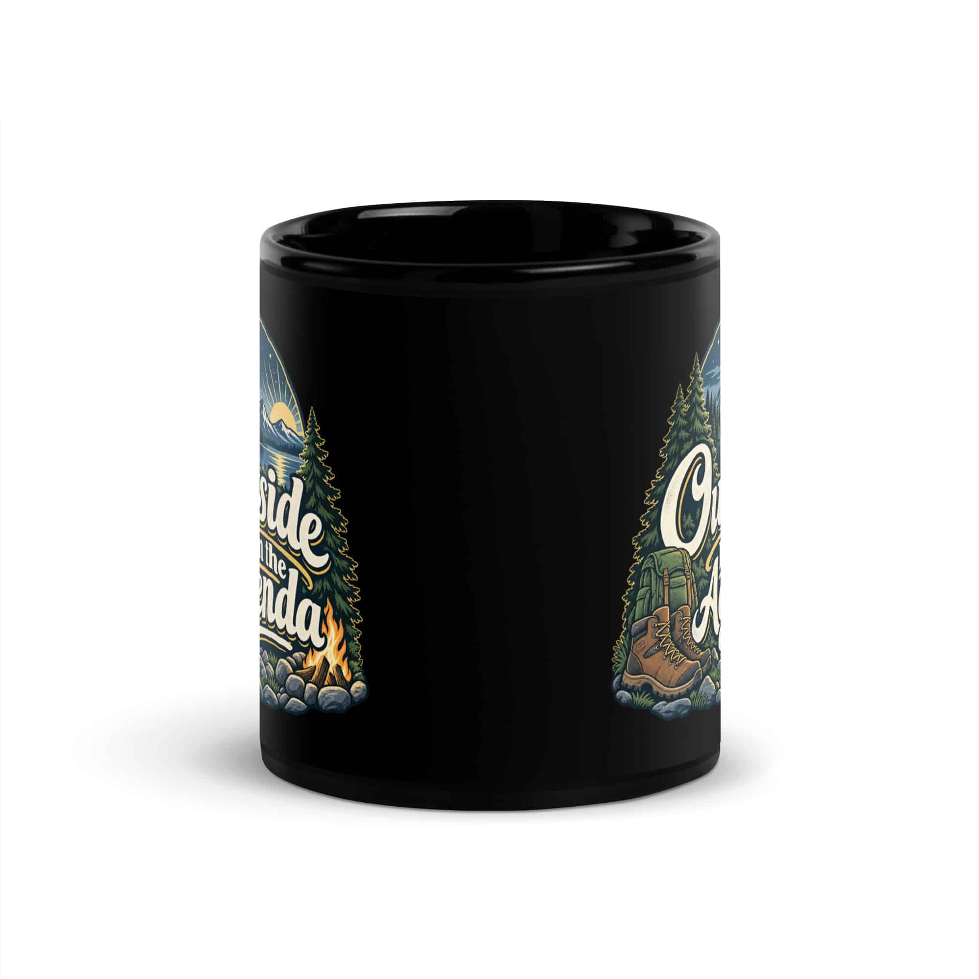 Nature and Adventure Black Coffee Mug: Outside Is on the Agenda, Woodland Scenic Lettering