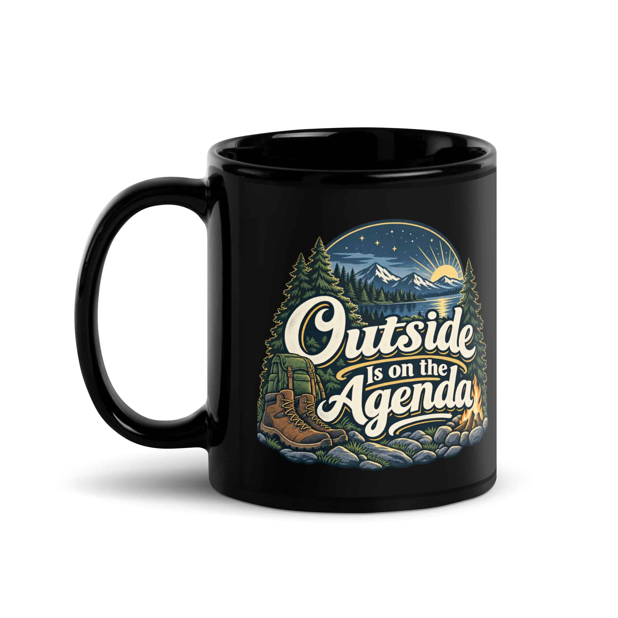 Nature and Adventure Black Coffee Mug: Outside Is on the Agenda, Woodland Scenic Lettering