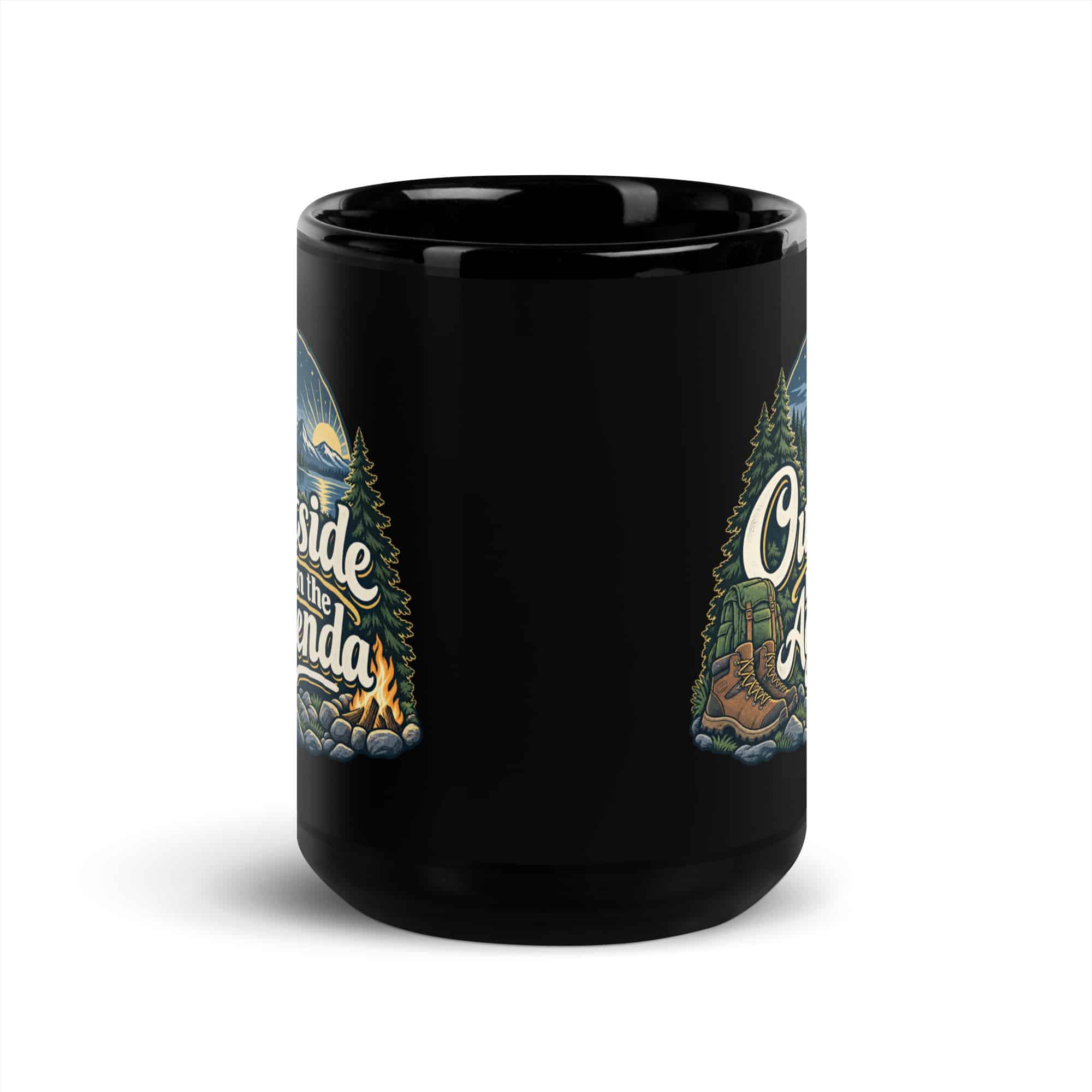 Nature and Adventure Black Coffee Mug: Outside Is on the Agenda, Woodland Scenic Lettering