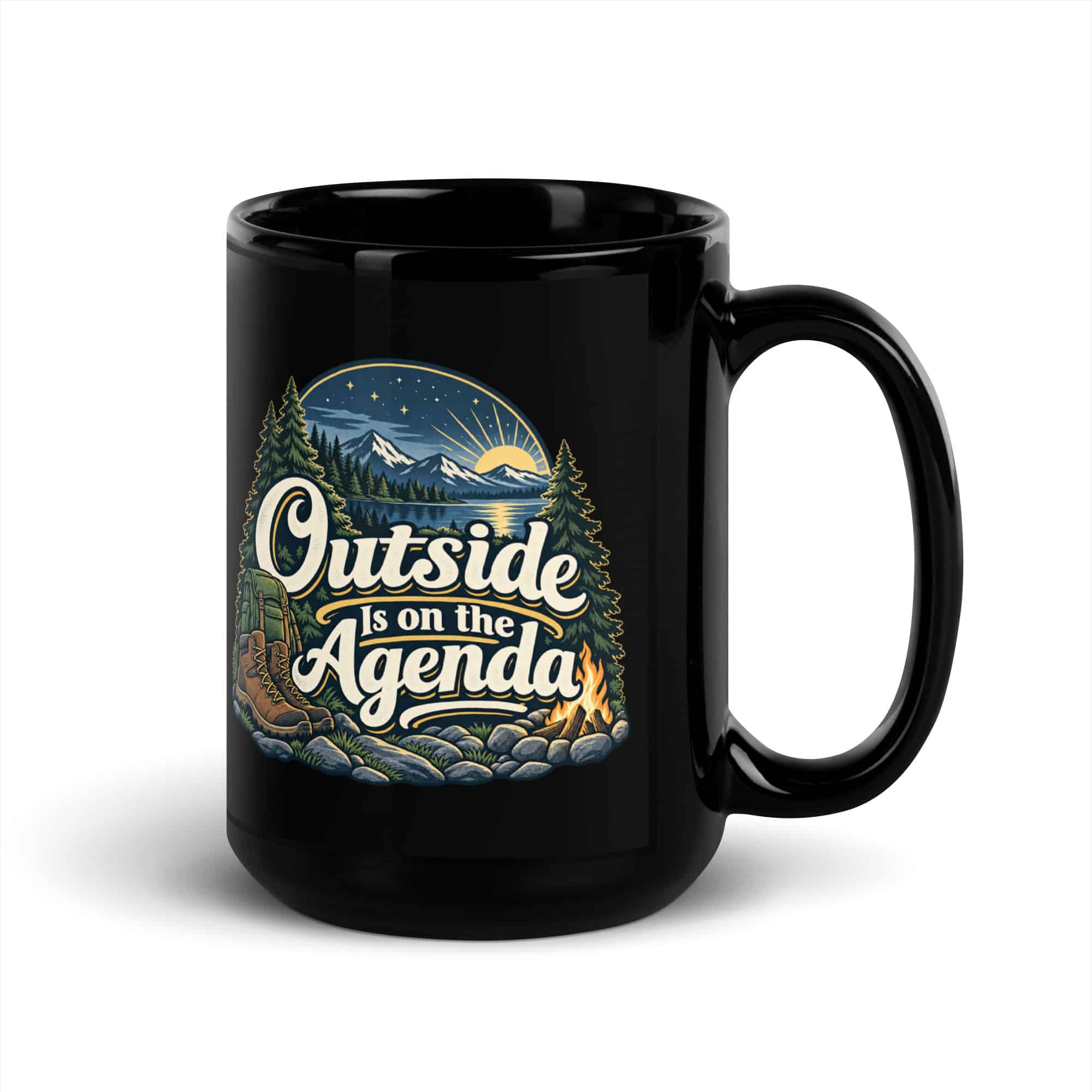 Nature and Adventure Black Coffee Mug: Outside Is on the Agenda, Woodland Scenic Lettering