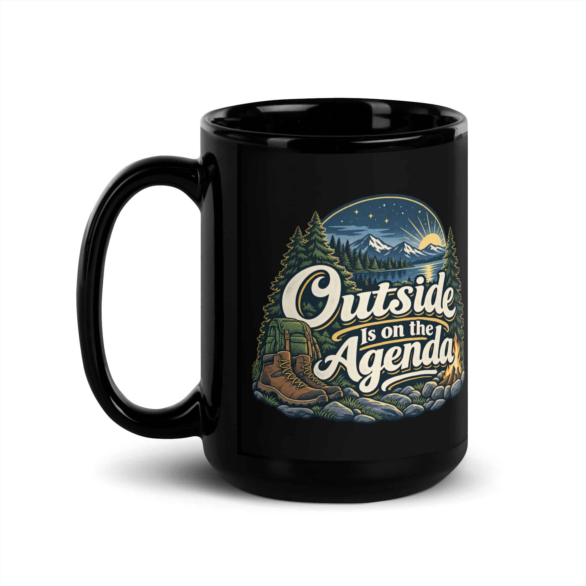 Nature and Adventure Black Coffee Mug: Outside Is on the Agenda, Woodland Scenic Lettering