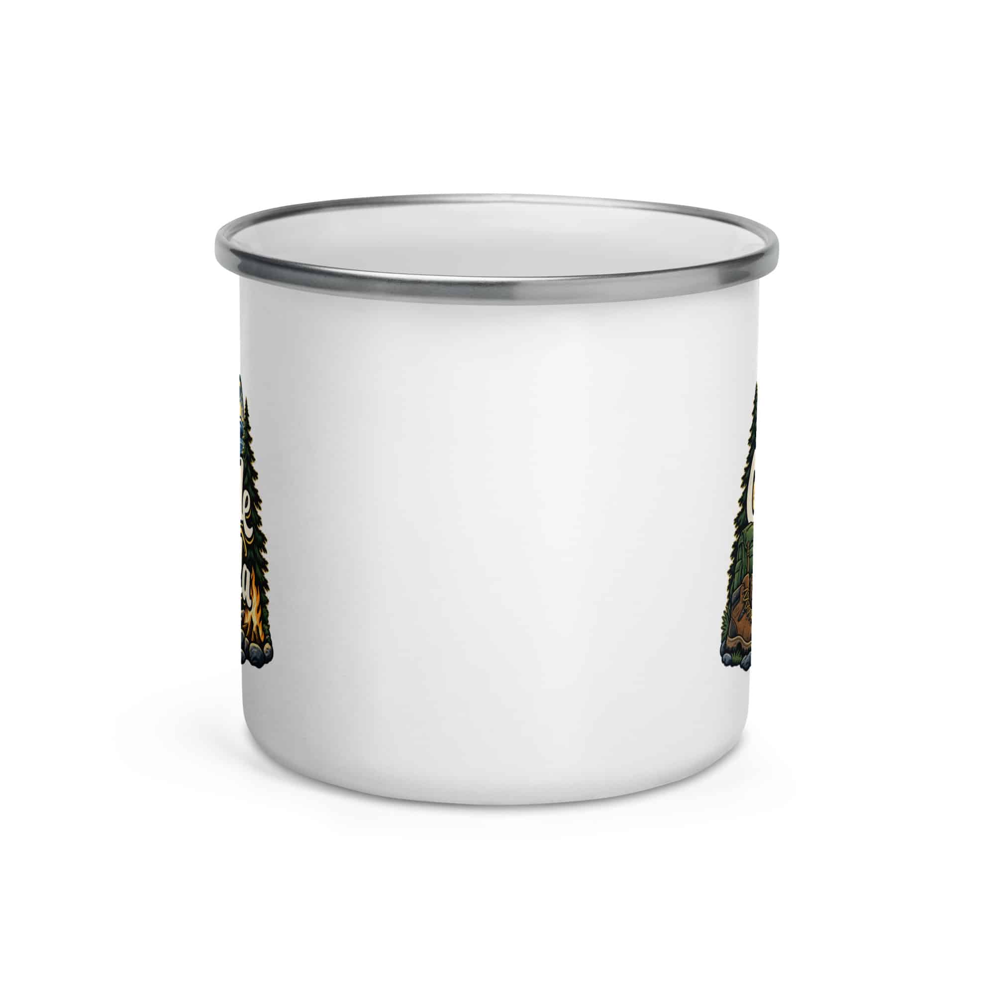 Nature and Adventure Enamel Camp Mug: Outside Is on the Agenda, Woodland Scenic Lettering