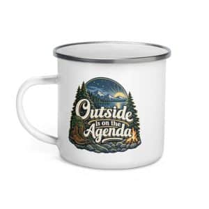 Nature and Adventure Enamel Camp Mug: Outside Is on the Agenda, Woodland Scenic Lettering - 12 oz - Left