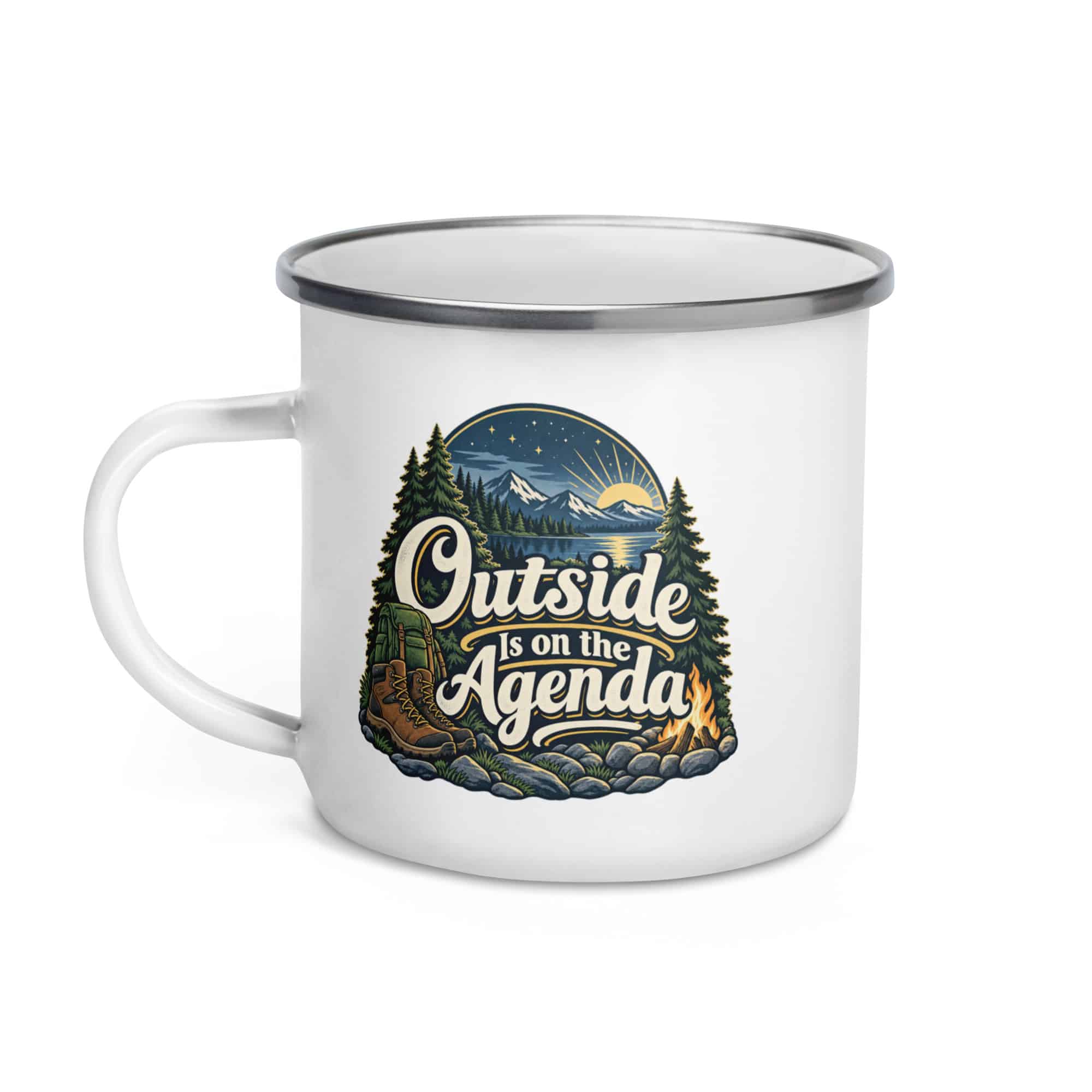 Nature and Adventure Enamel Camp Mug: Outside Is on the Agenda, Woodland Scenic Lettering