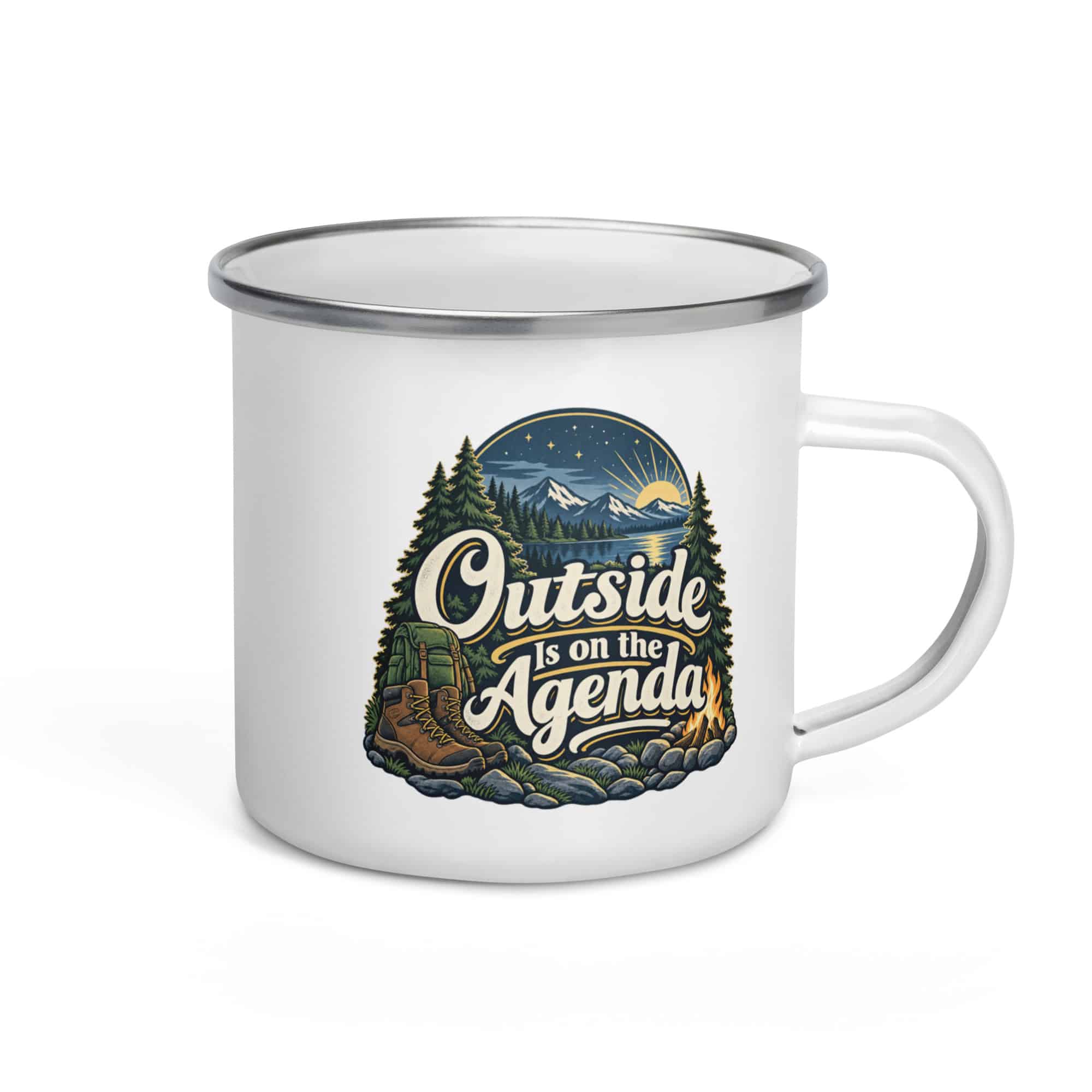 Nature and Adventure Enamel Camp Mug: Outside Is on the Agenda, Woodland Scenic Lettering