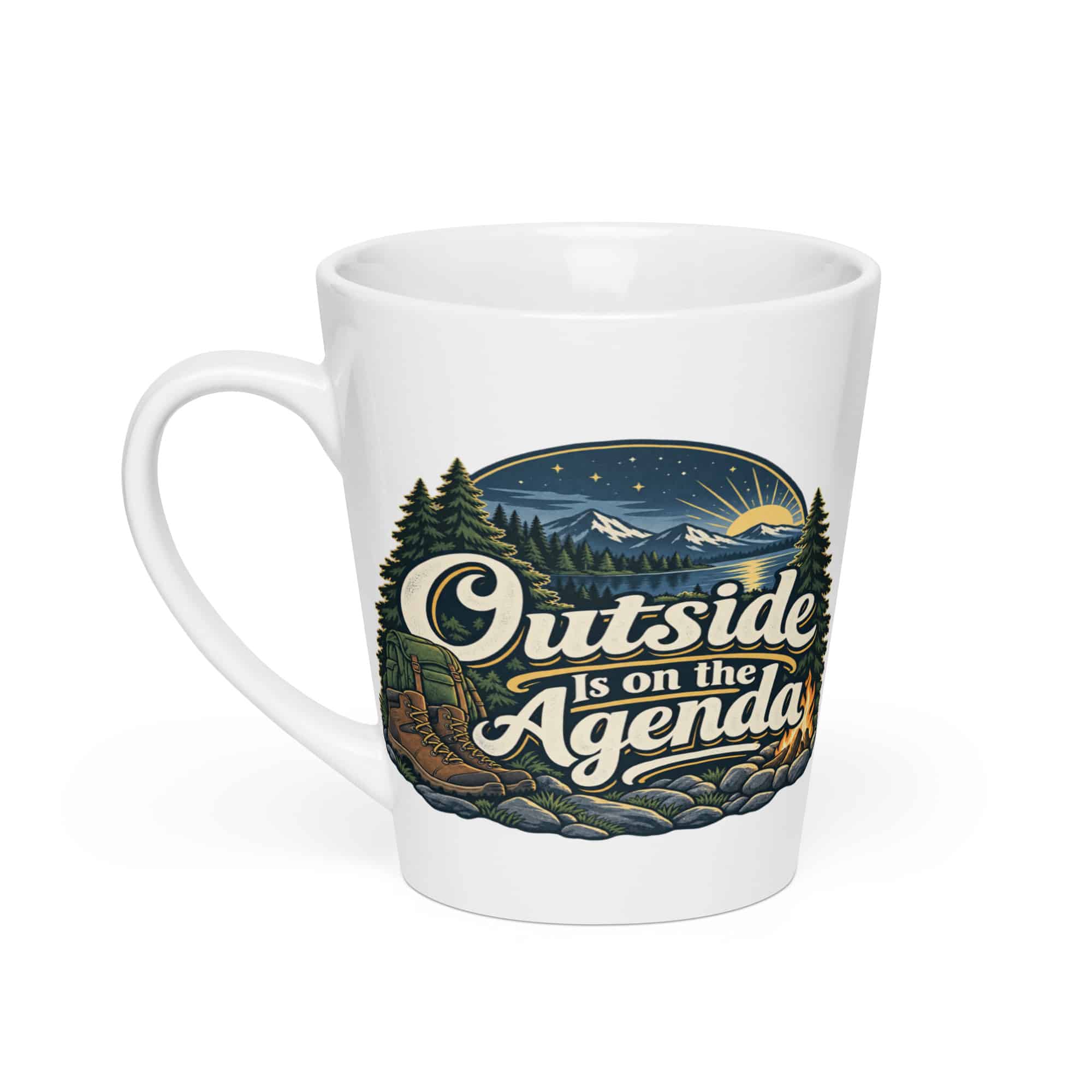 Nature and Adventure Latte Mug: Outside Is on the Agenda, Woodland Scenic Lettering