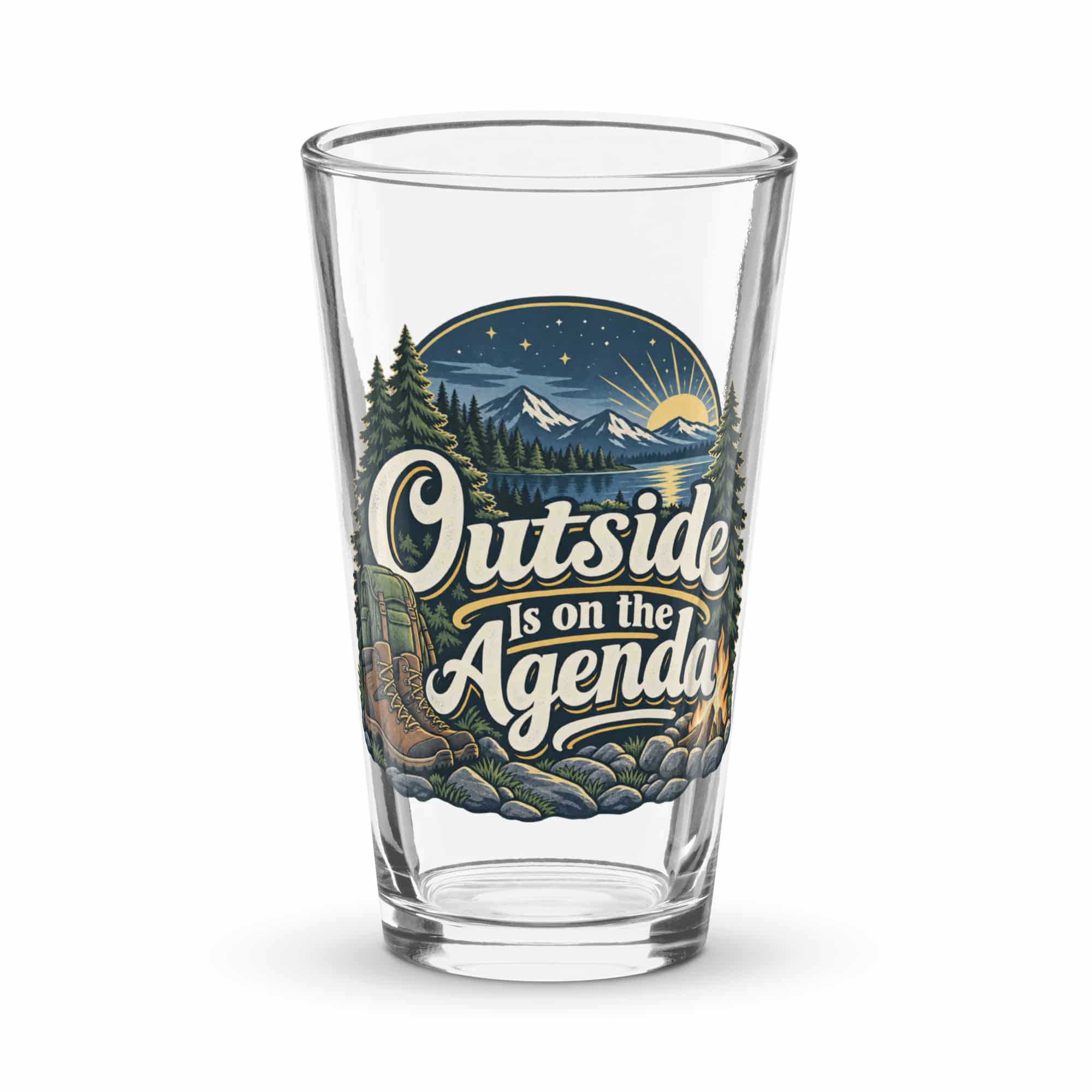 Nature and Adventure Pint Glass: Outside Is on the Agenda, Woodland Scenic Lettering