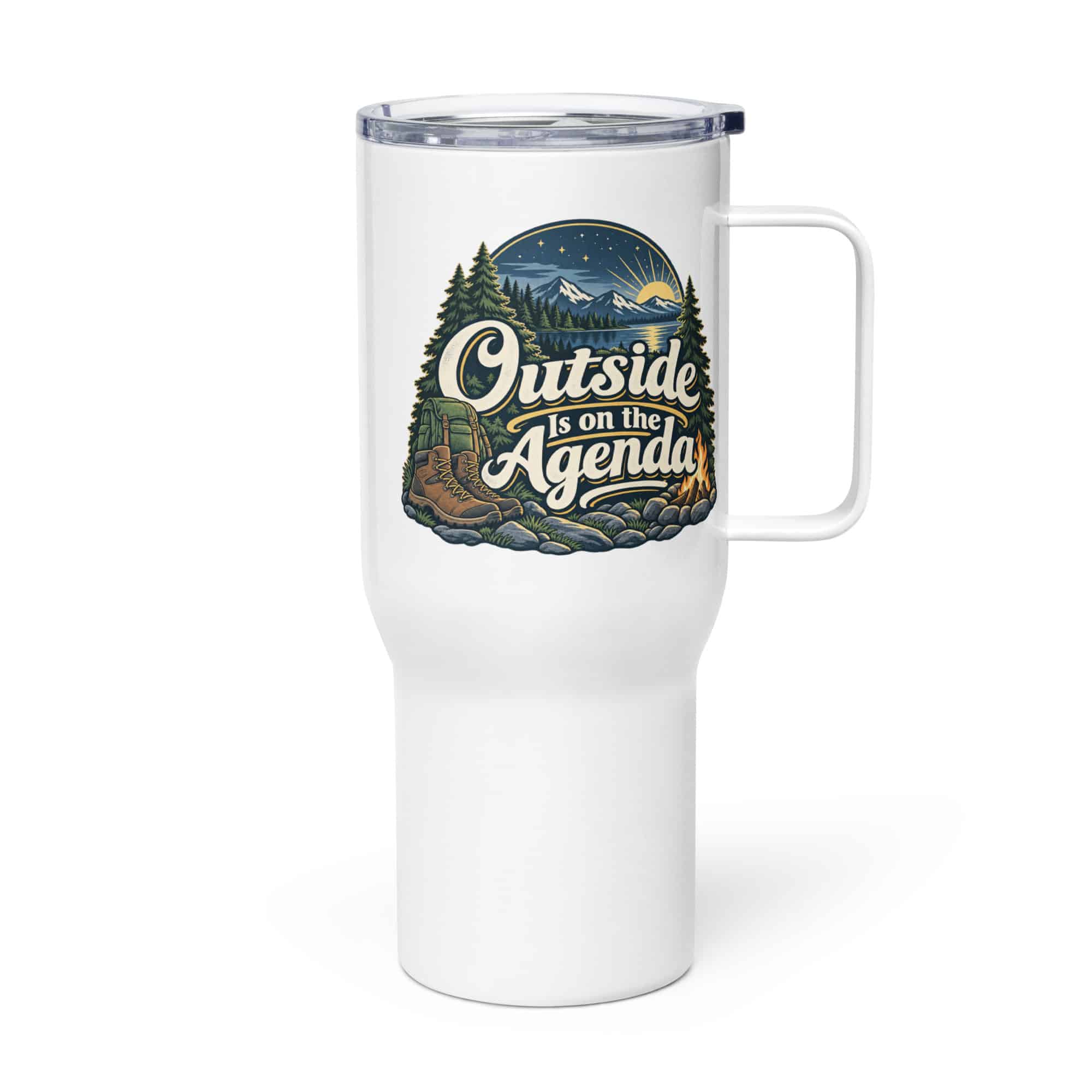 Nature and Adventure Travel Mug: Outside Is on the Agenda, Woodland Scenic Lettering