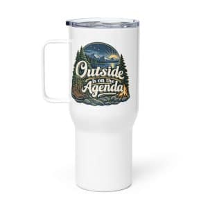 Nature and Adventure Travel Mug: Outside Is on the Agenda, Woodland Scenic Lettering - 25 oz - Main