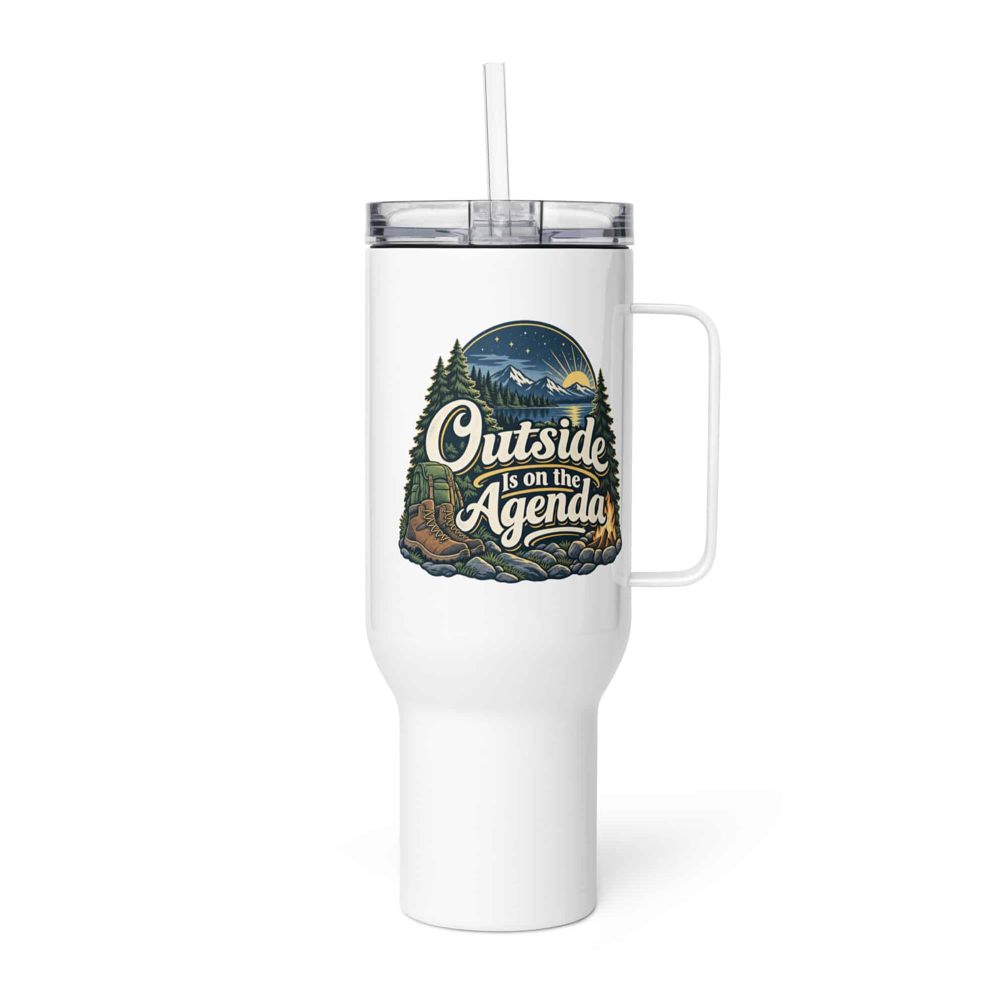 Nature and Adventure Travel Mug: Outside Is on the Agenda, Woodland Scenic Lettering