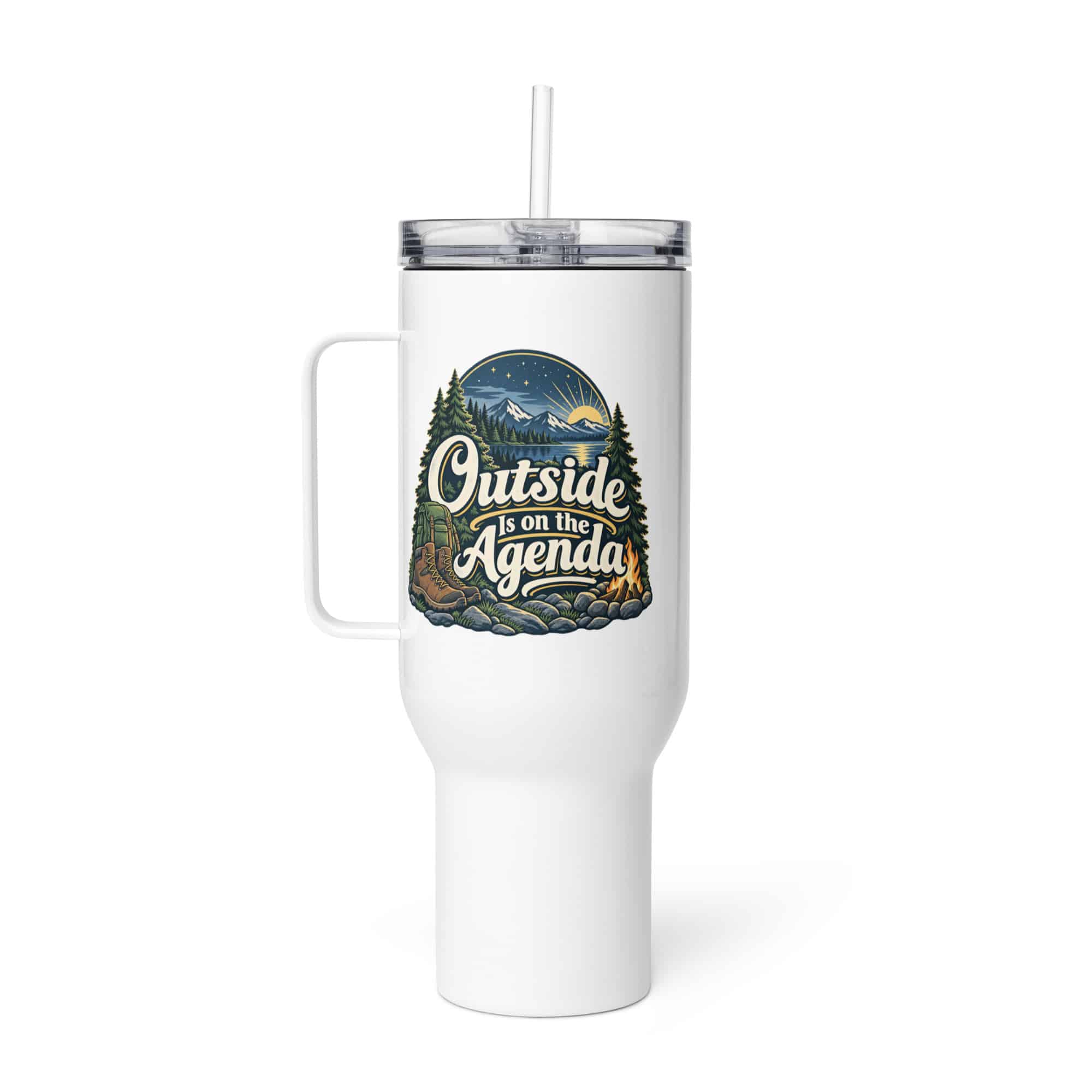 Nature and Adventure Travel Mug: Outside Is on the Agenda, Woodland Scenic Lettering