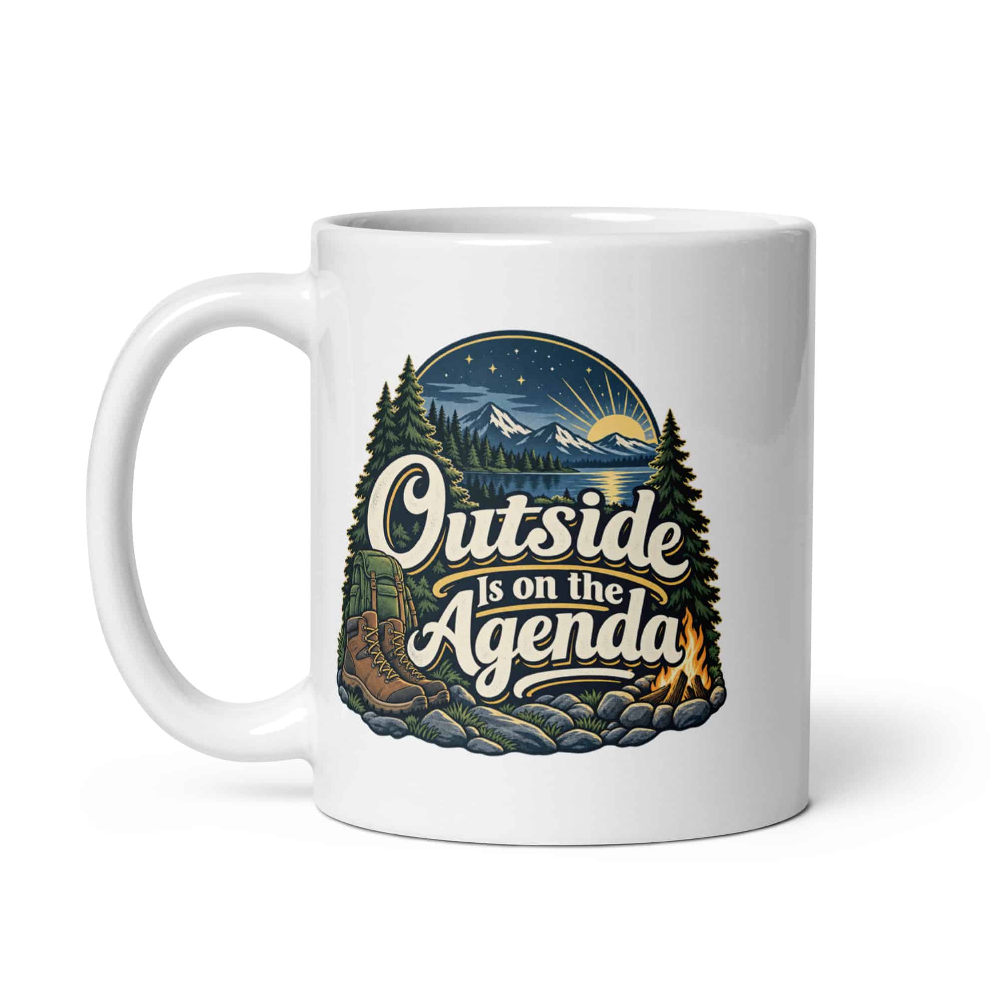 Nature and Adventure White Ceramic Coffee Mug: Outside Is on the Agenda, Woodland Scenic Lettering