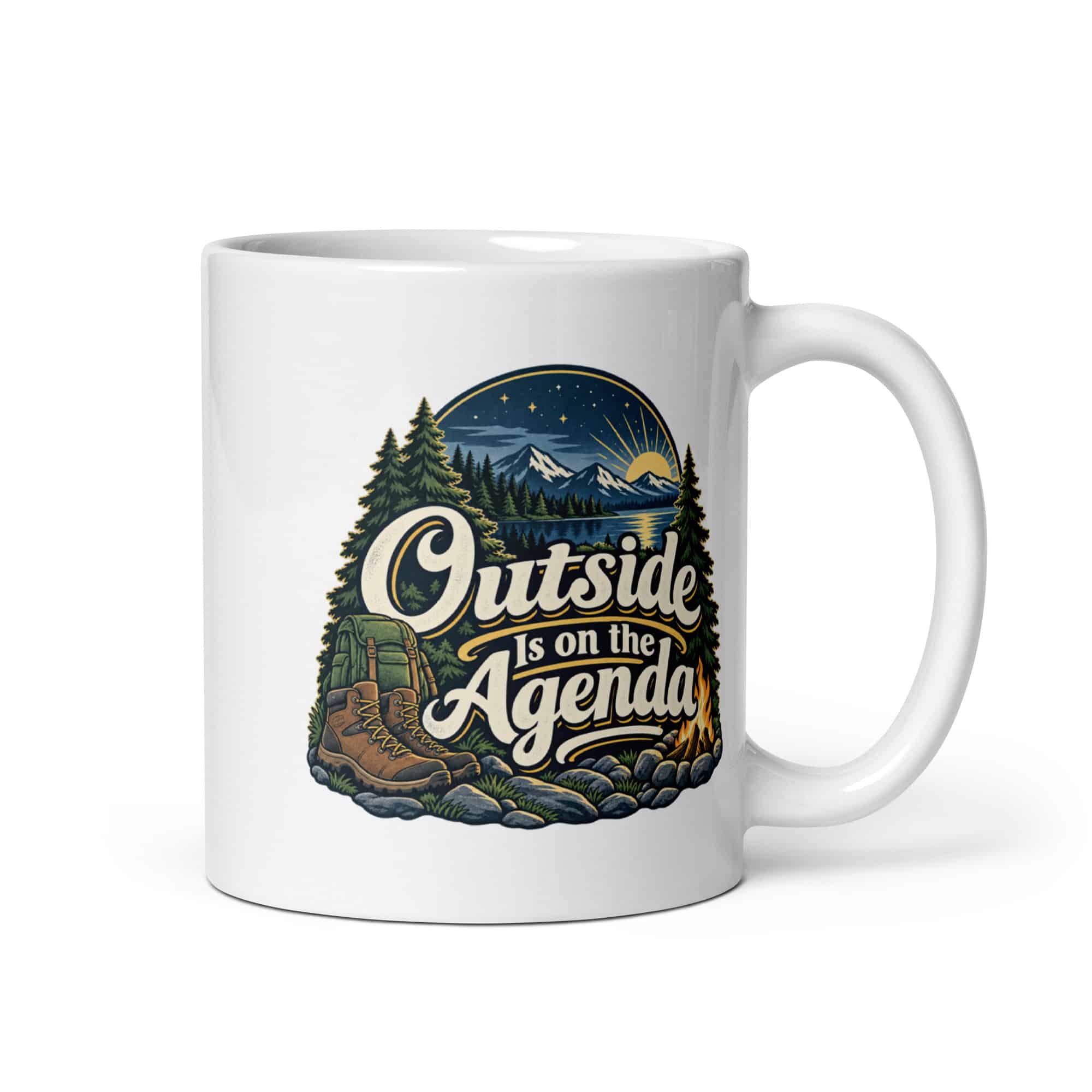 Nature and Adventure White Ceramic Coffee Mug: Outside Is on the Agenda, Woodland Scenic Lettering