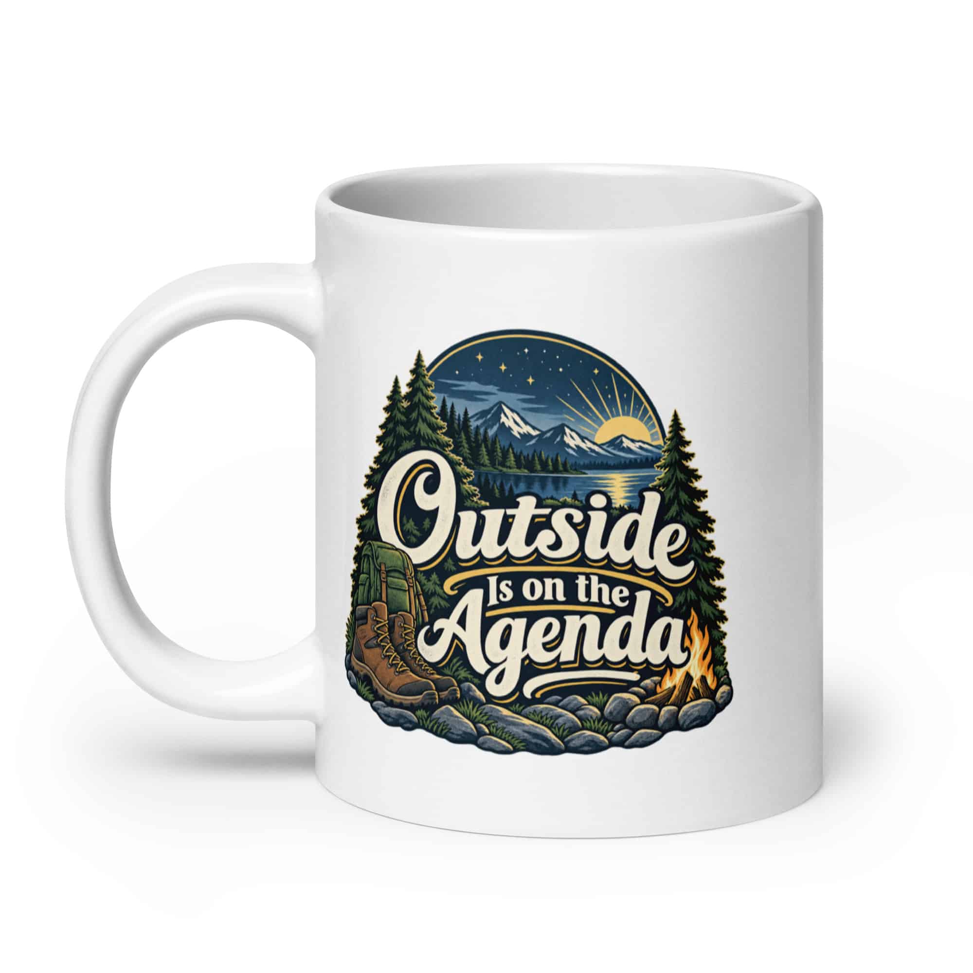 Nature and Adventure White Ceramic Coffee Mug: Outside Is on the Agenda, Woodland Scenic Lettering