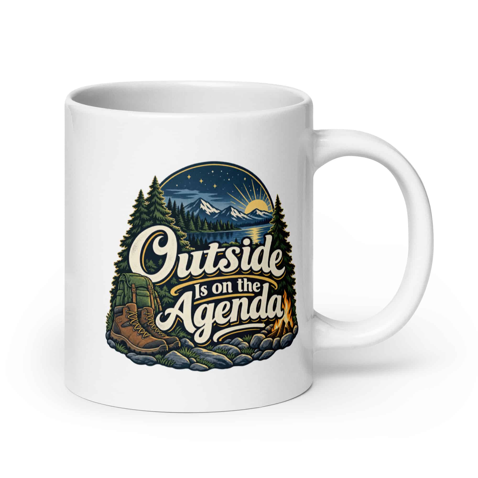 Nature and Adventure White Ceramic Coffee Mug: Outside Is on the Agenda, Woodland Scenic Lettering