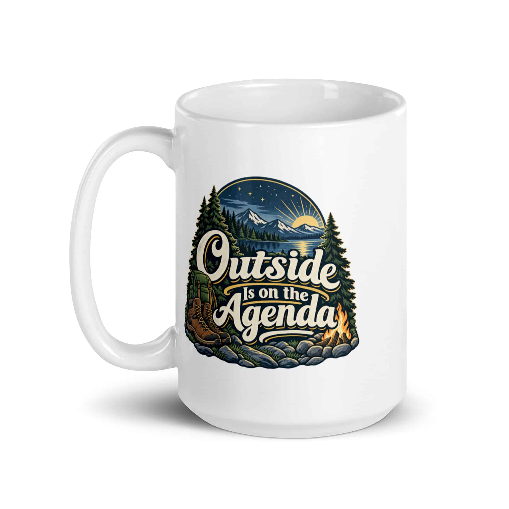Nature and Adventure White Ceramic Coffee Mug: Outside Is on the Agenda, Woodland Scenic Lettering