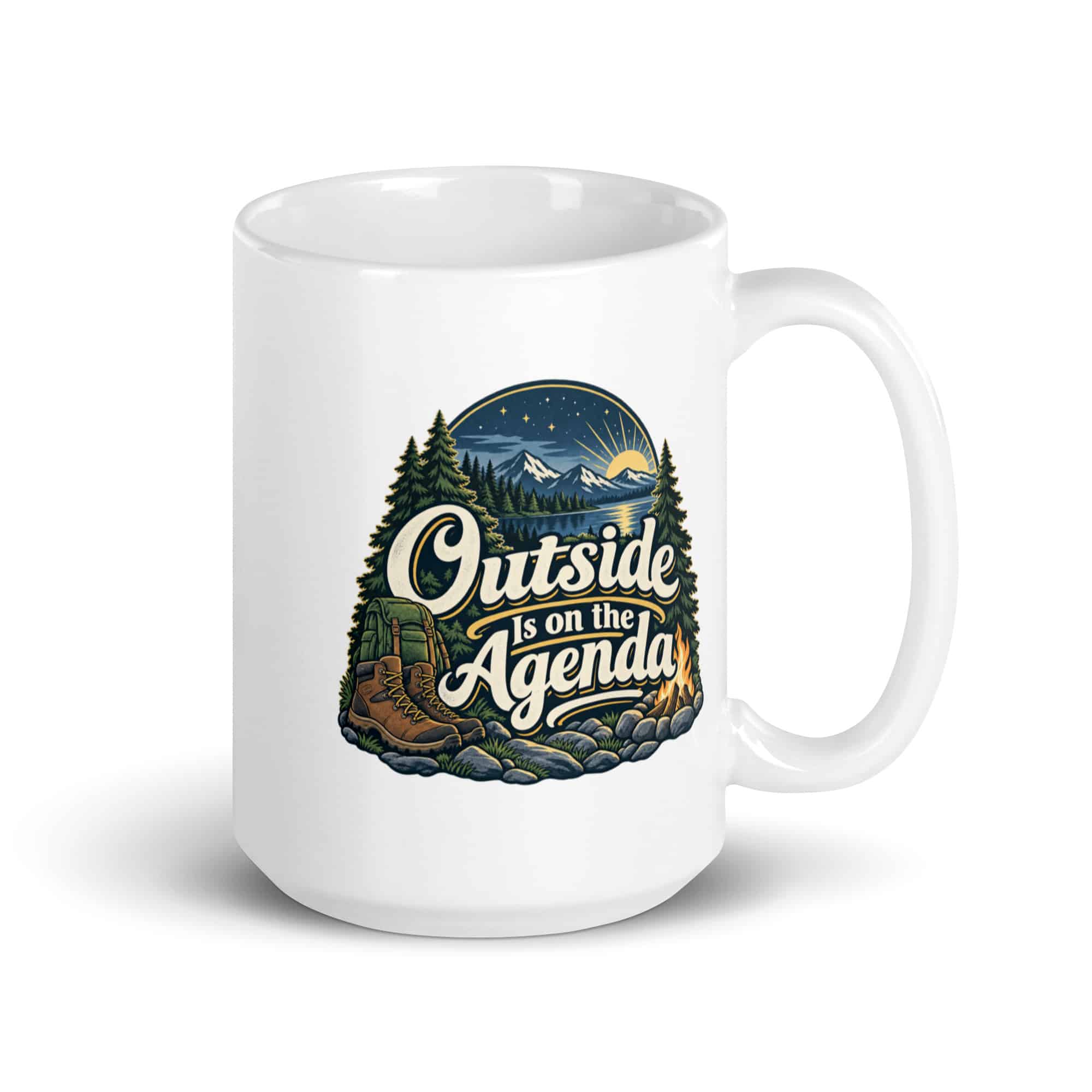 Nature and Adventure White Ceramic Coffee Mug: Outside Is on the Agenda, Woodland Scenic Lettering