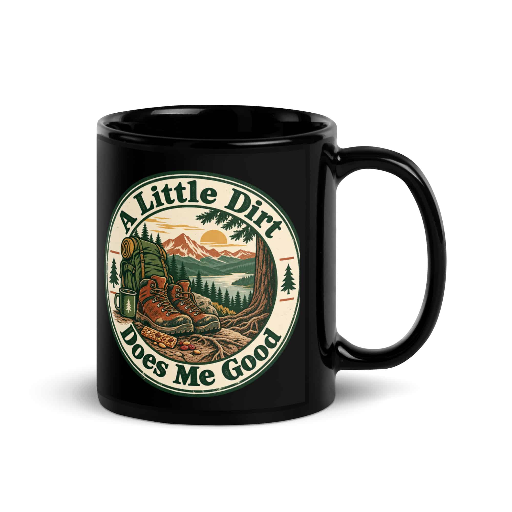 Nature and Adventure Black Coffee Mug: A Little Dirt Does Me Good, Vintage Round Badge