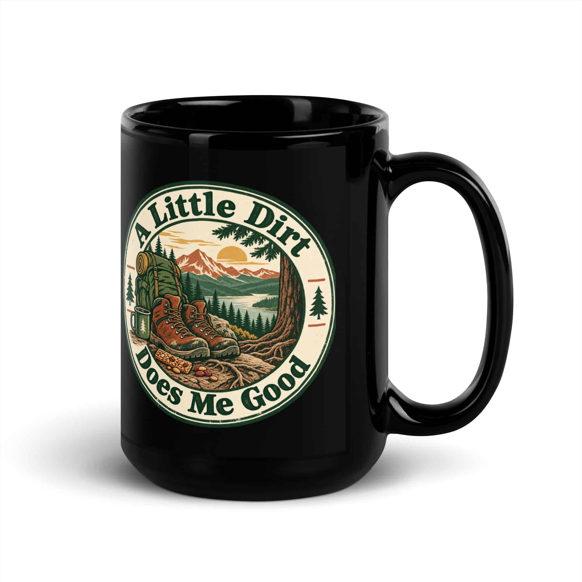 Nature and Adventure Black Coffee Mug: A Little Dirt Does Me Good, Vintage Round Badge