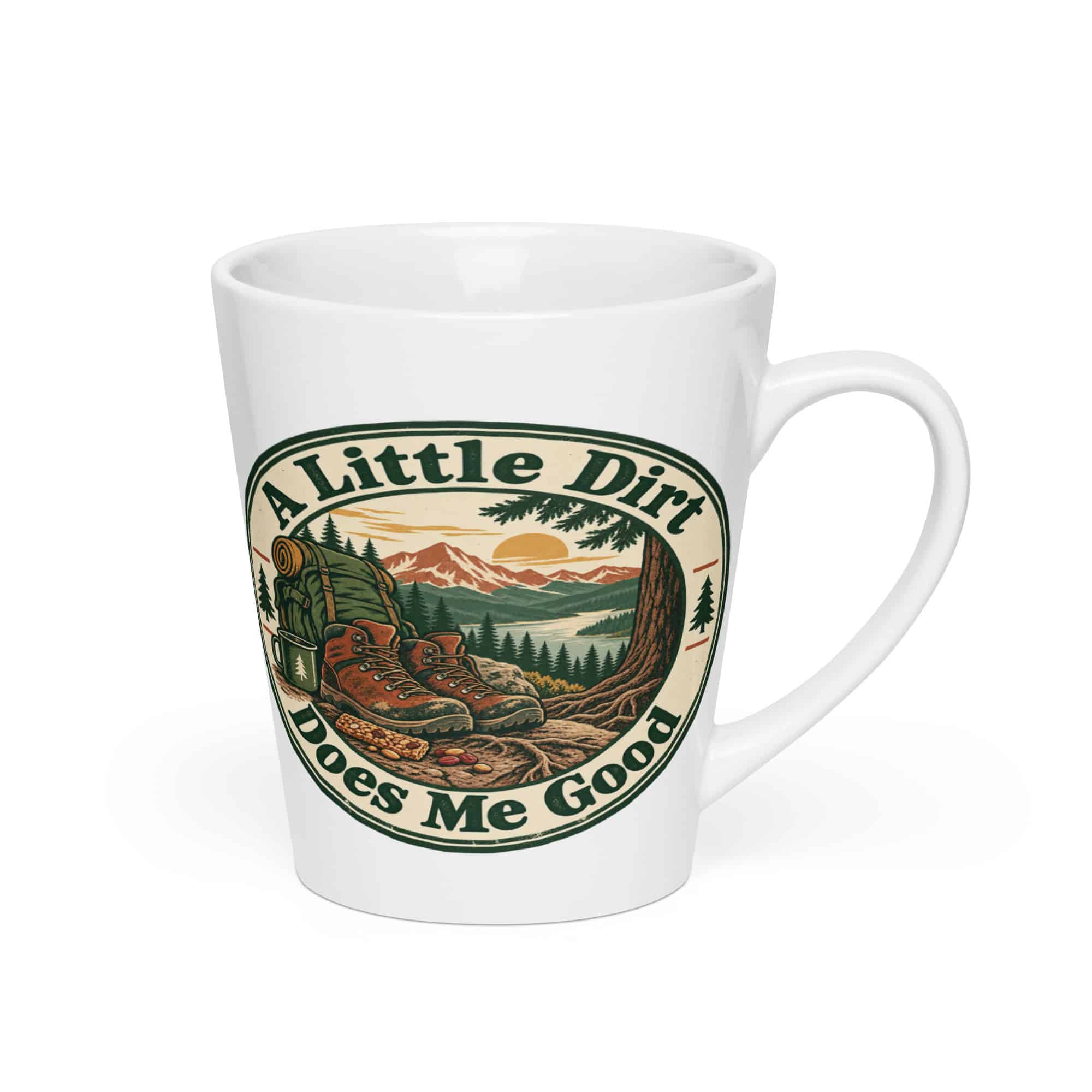 Nature and Adventure Latte Mug: A Little Dirt Does Me Good, Vintage Round Badge
