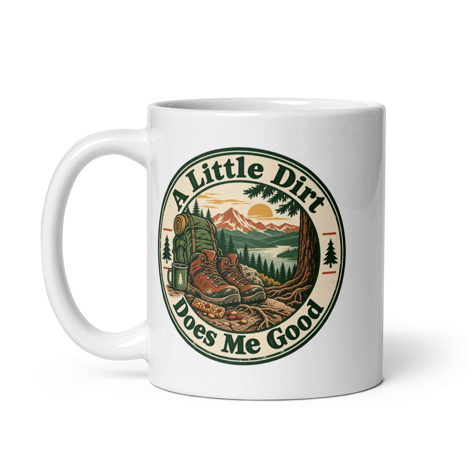 Nature and Adventure White Ceramic Coffee Mug: A Little Dirt Does Me Good, Vintage Round Badge