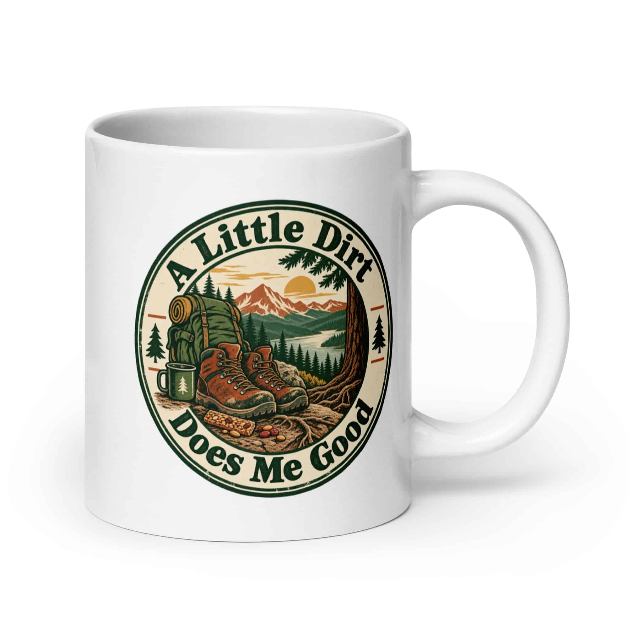 Nature and Adventure White Ceramic Coffee Mug: A Little Dirt Does Me Good, Vintage Round Badge