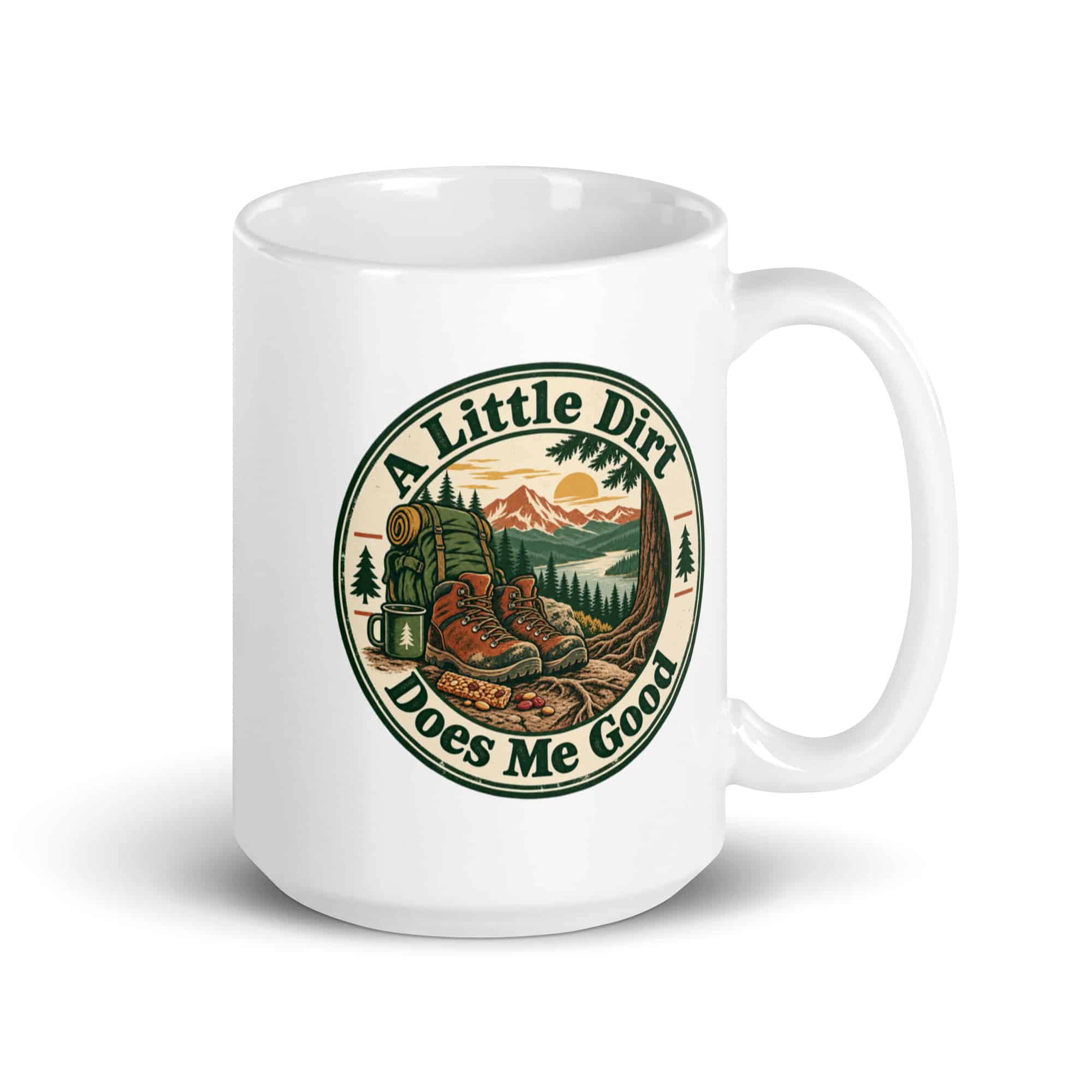 Nature and Adventure White Ceramic Coffee Mug: A Little Dirt Does Me Good, Vintage Round Badge