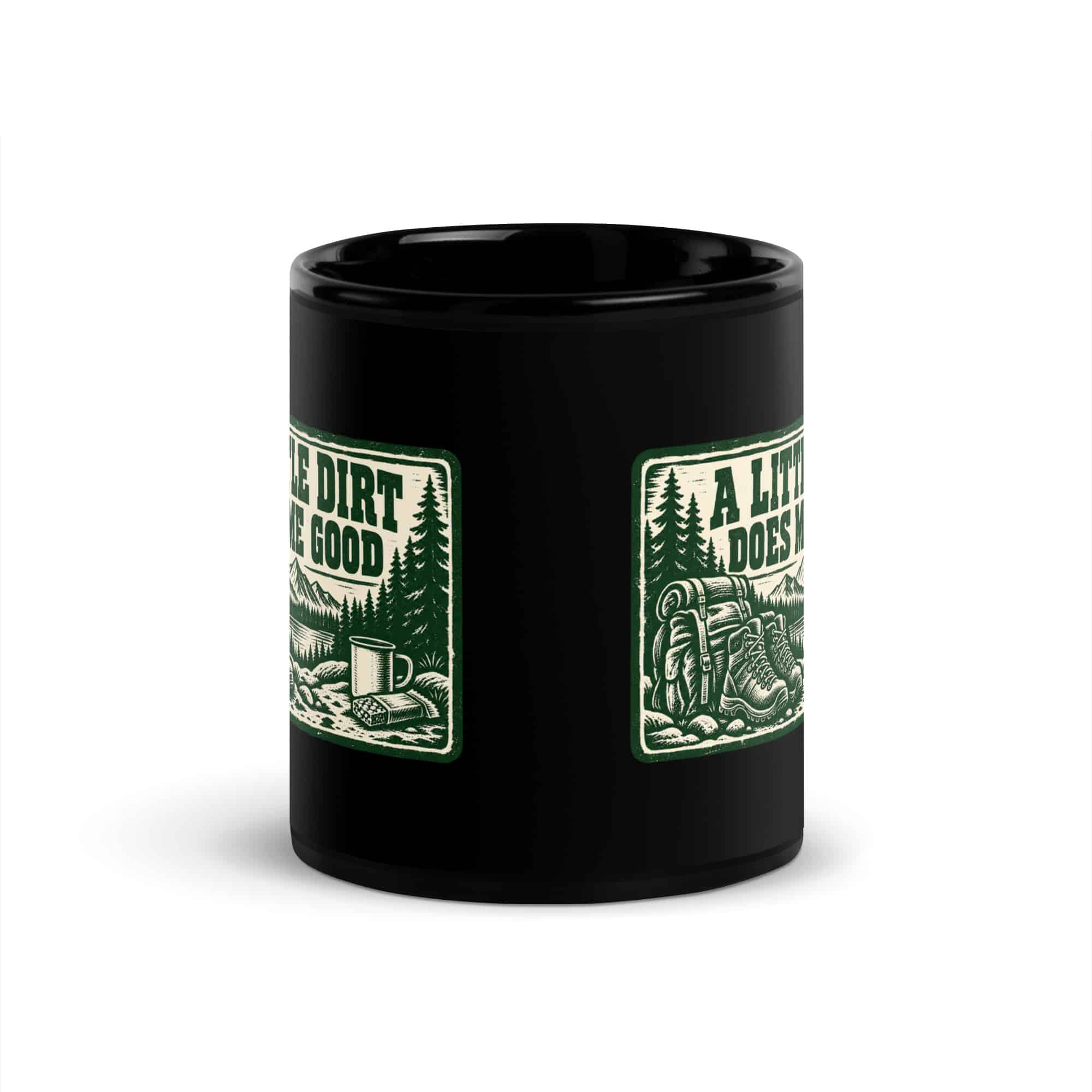 Nature and Adventure Black Coffee Mug: A Little Dirt Does Me Good, Forest Ink Stamp
