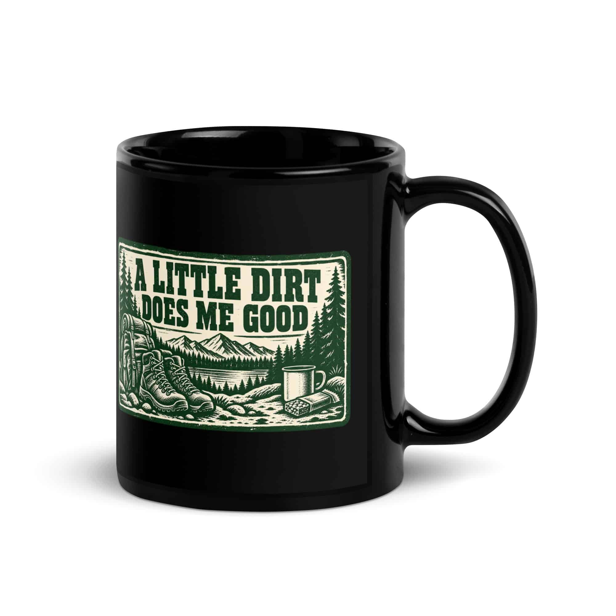 Nature and Adventure Black Coffee Mug: A Little Dirt Does Me Good, Forest Ink Stamp