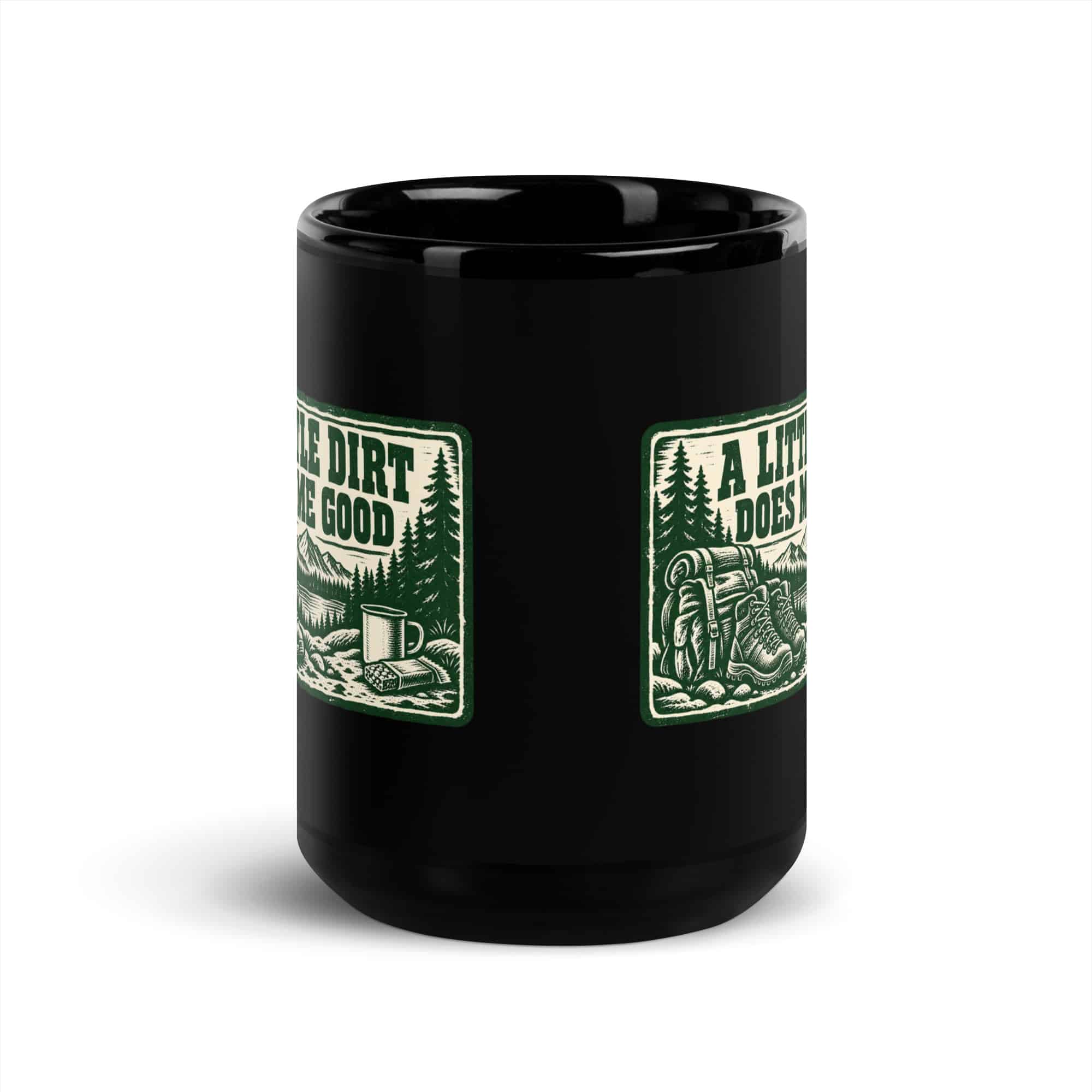 Nature and Adventure Black Coffee Mug: A Little Dirt Does Me Good, Forest Ink Stamp