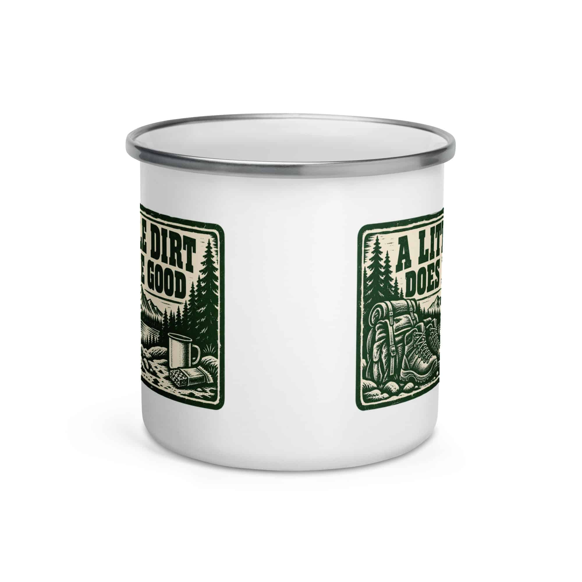 Nature and Adventure Enamel Camp Mug: A Little Dirt Does Me Good, Forest Ink Stamp