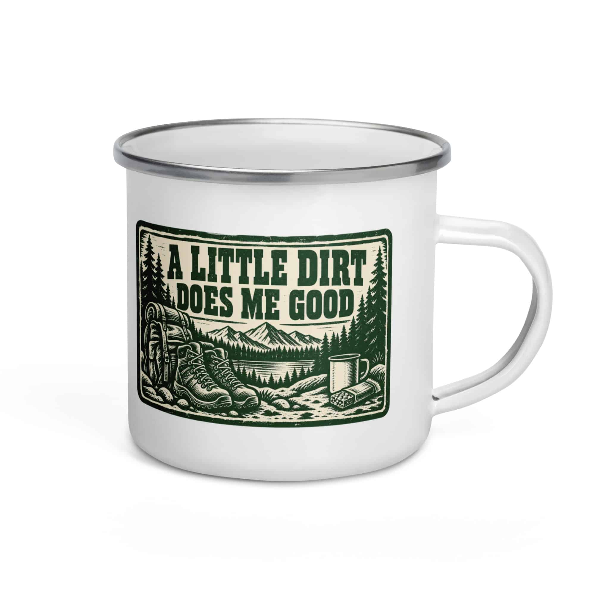 Nature and Adventure Enamel Camp Mug: A Little Dirt Does Me Good, Forest Ink Stamp