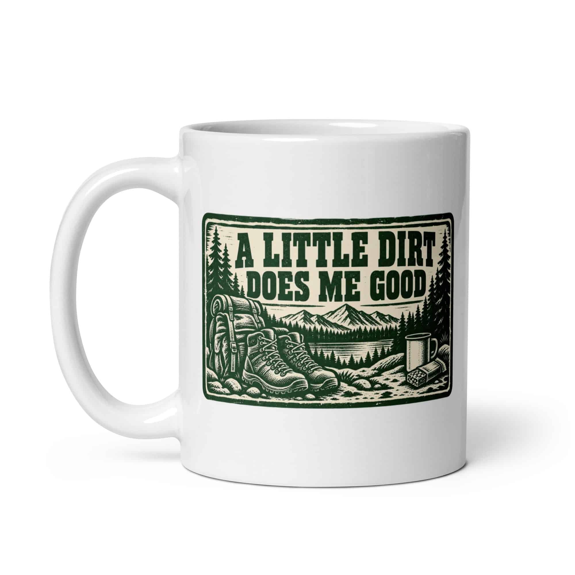 Nature and Adventure White Ceramic Coffee Mug: A Little Dirt Does Me Good, Forest Ink Stamp