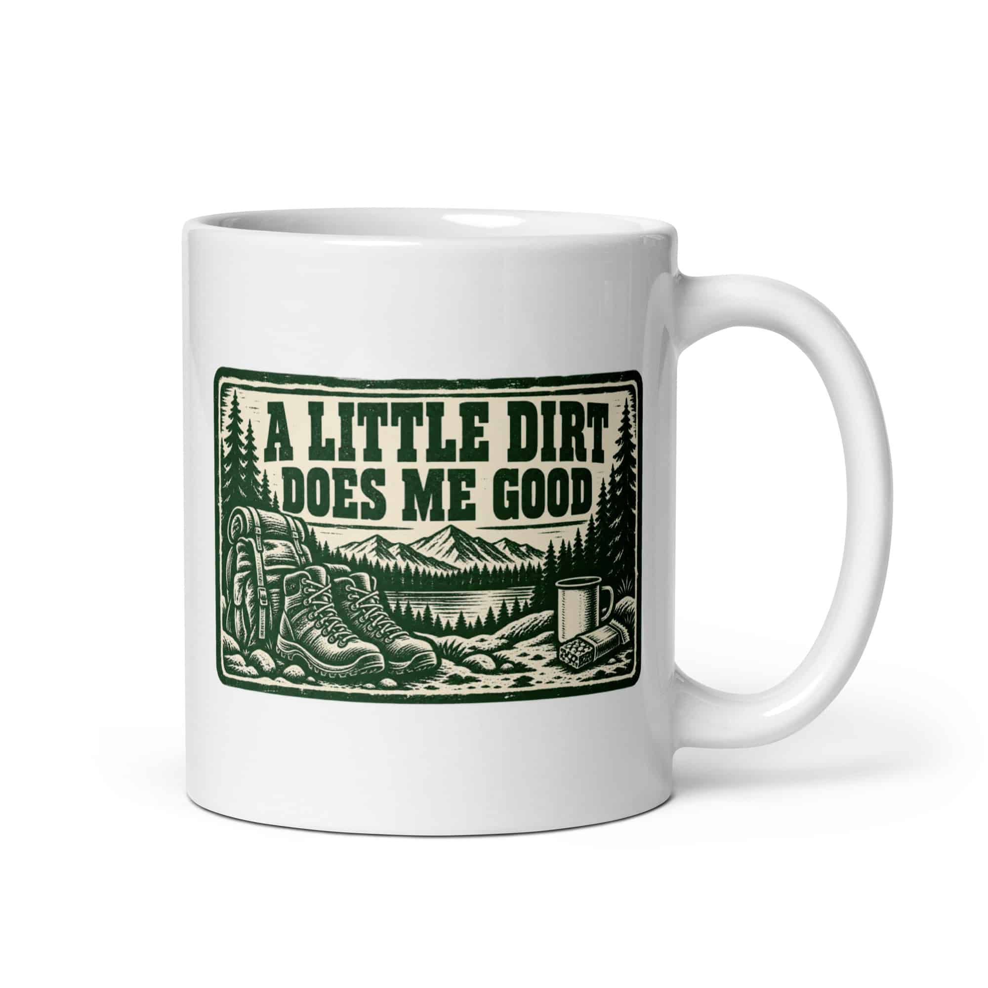 Nature and Adventure White Ceramic Coffee Mug: A Little Dirt Does Me Good, Forest Ink Stamp