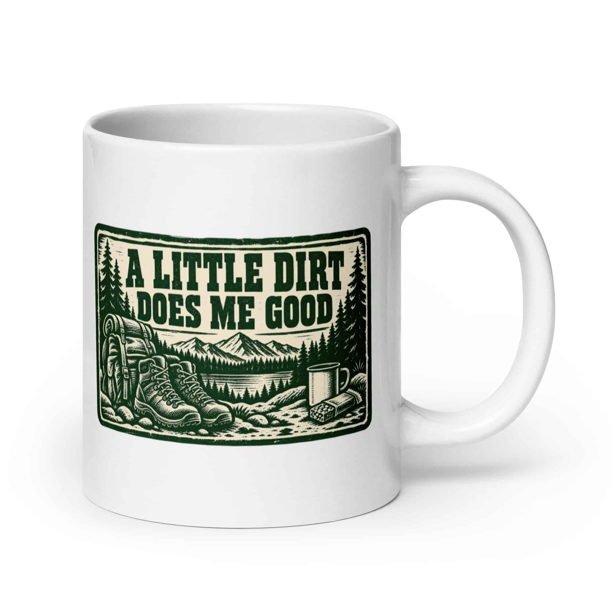 Nature and Adventure White Ceramic Coffee Mug: A Little Dirt Does Me Good, Forest Ink Stamp